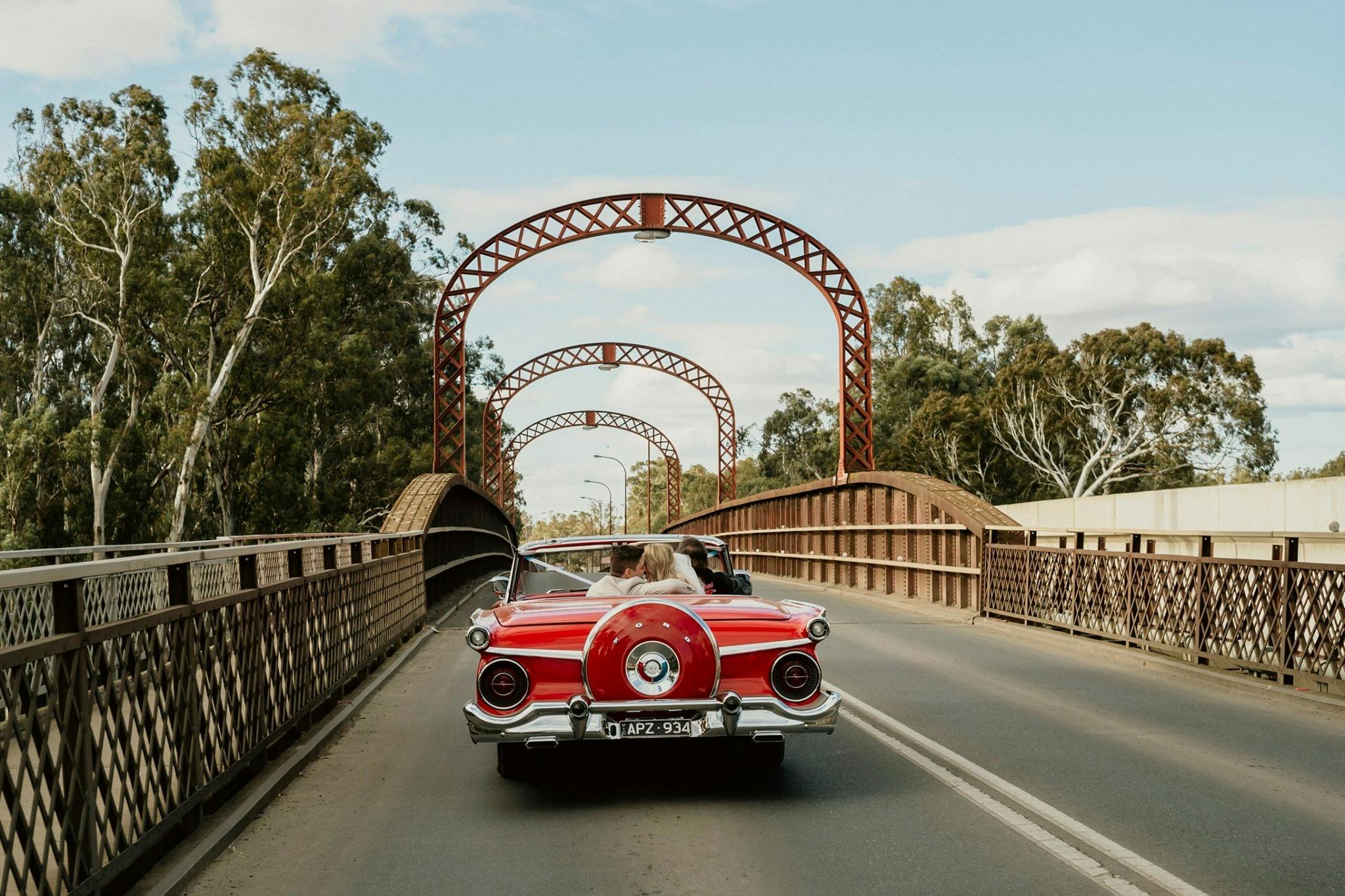 1959 Ford Fairlane Galaxie 500 wedding car on bridge at Echuca Moama