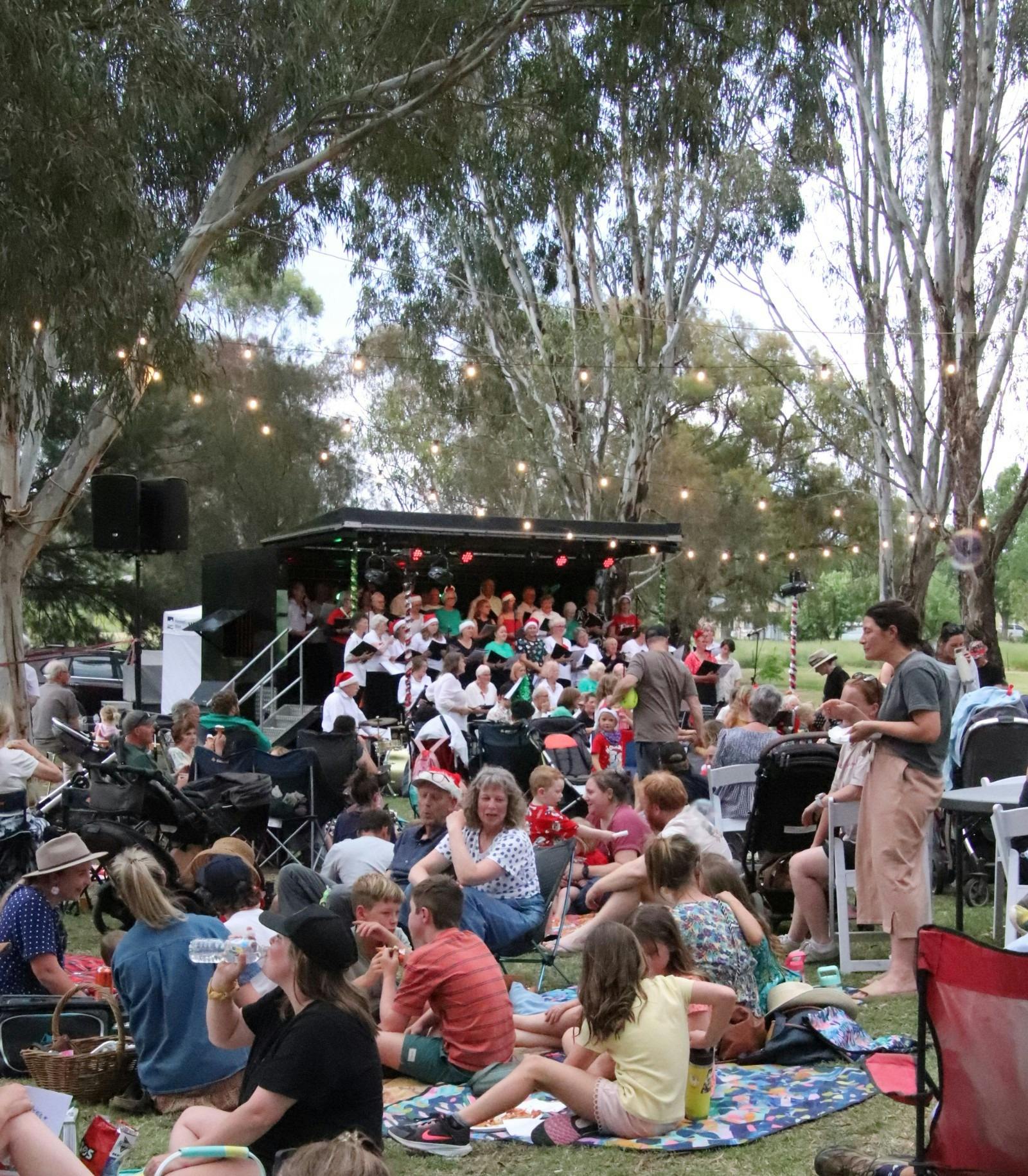 People sitting on lawn listening to carols