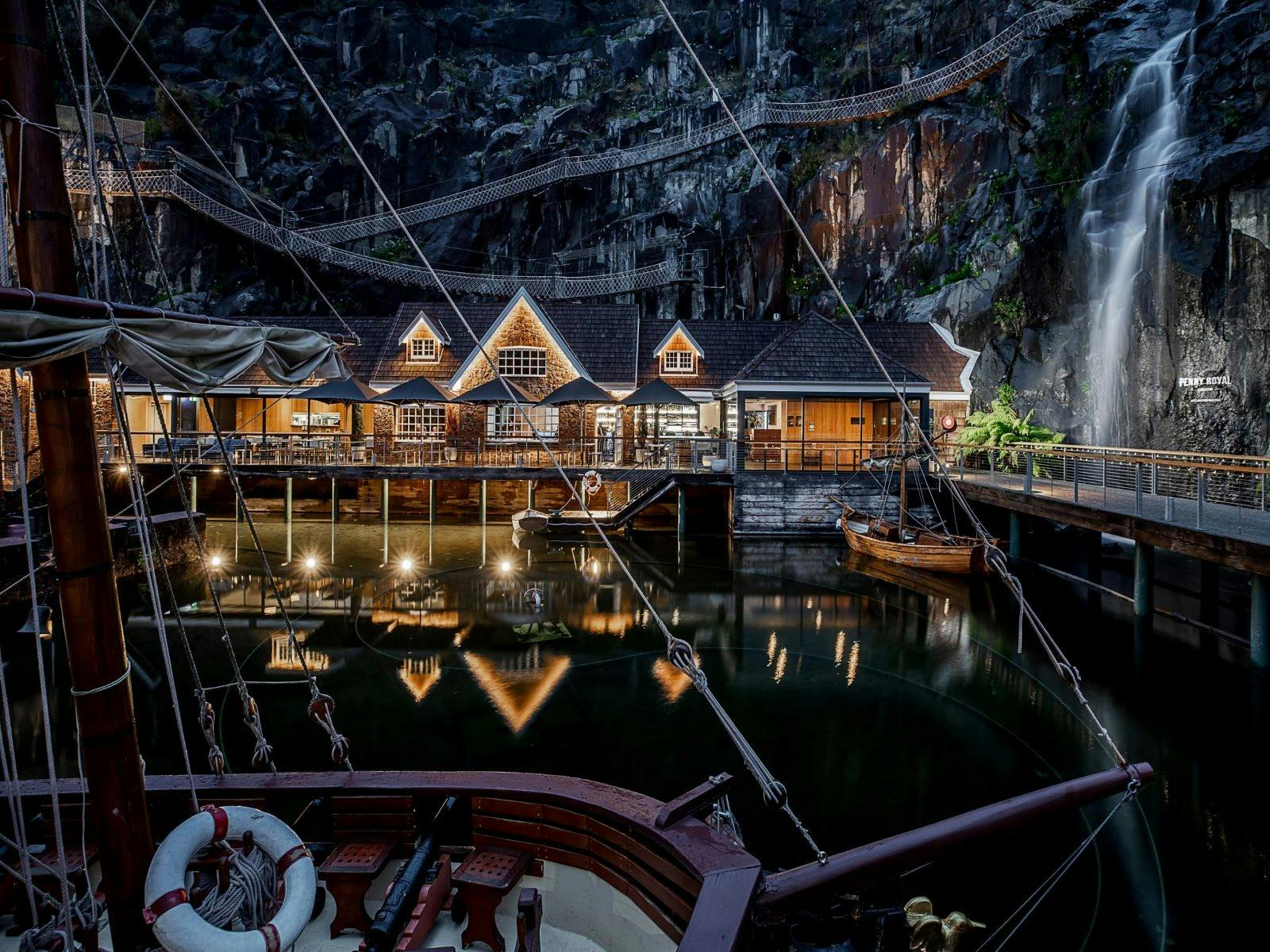 outside of Alida restaurant with waterfall