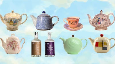 A collection of elegant teapots filled with colourful cocktails alongside bottles of Underground