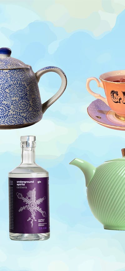 A collection of elegant teapots filled with colourful cocktails alongside bottles of Underground