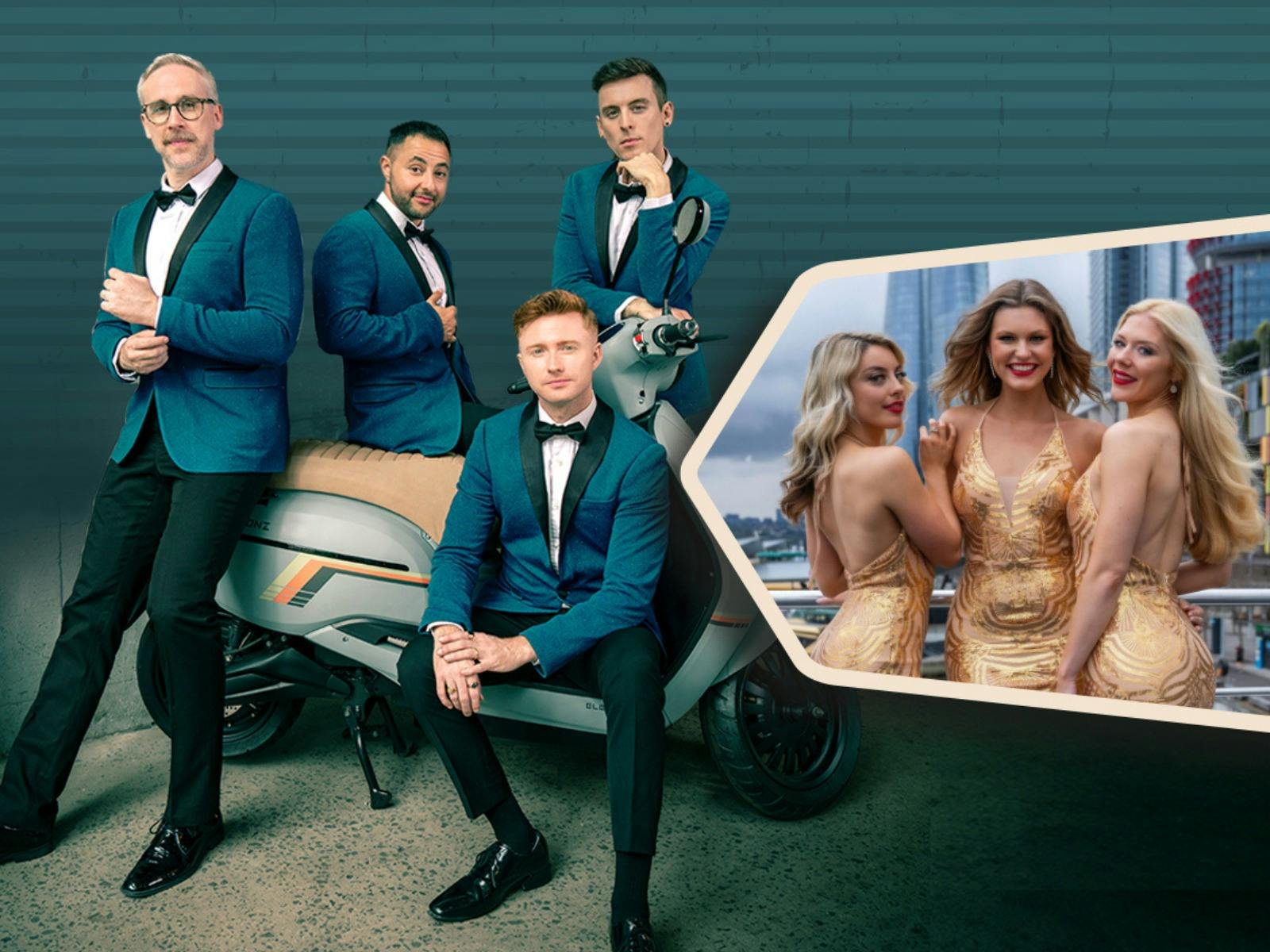 Four smartly dressed men pose beside a scooter while a trio of women in gold dresses smile.