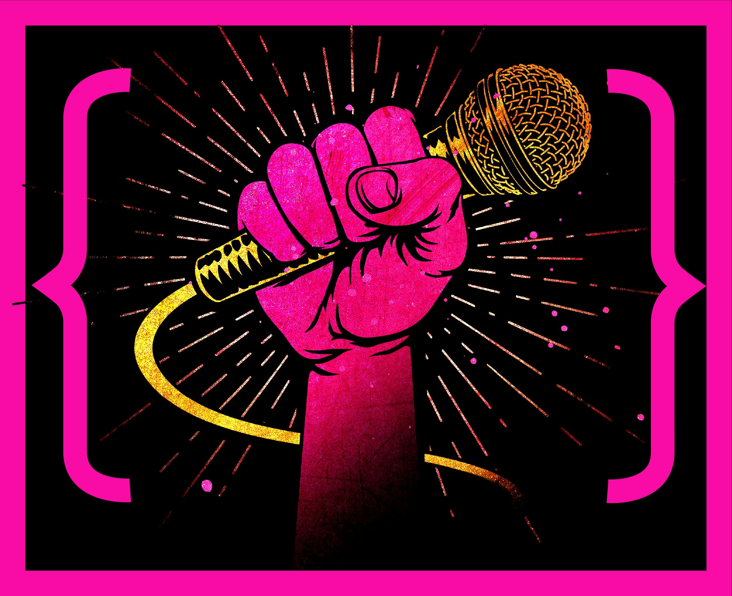 a fist raised in resistance clutching a microphone