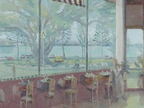 Paul Maher Table set harbour view oil on canvas 80 x 93 cm