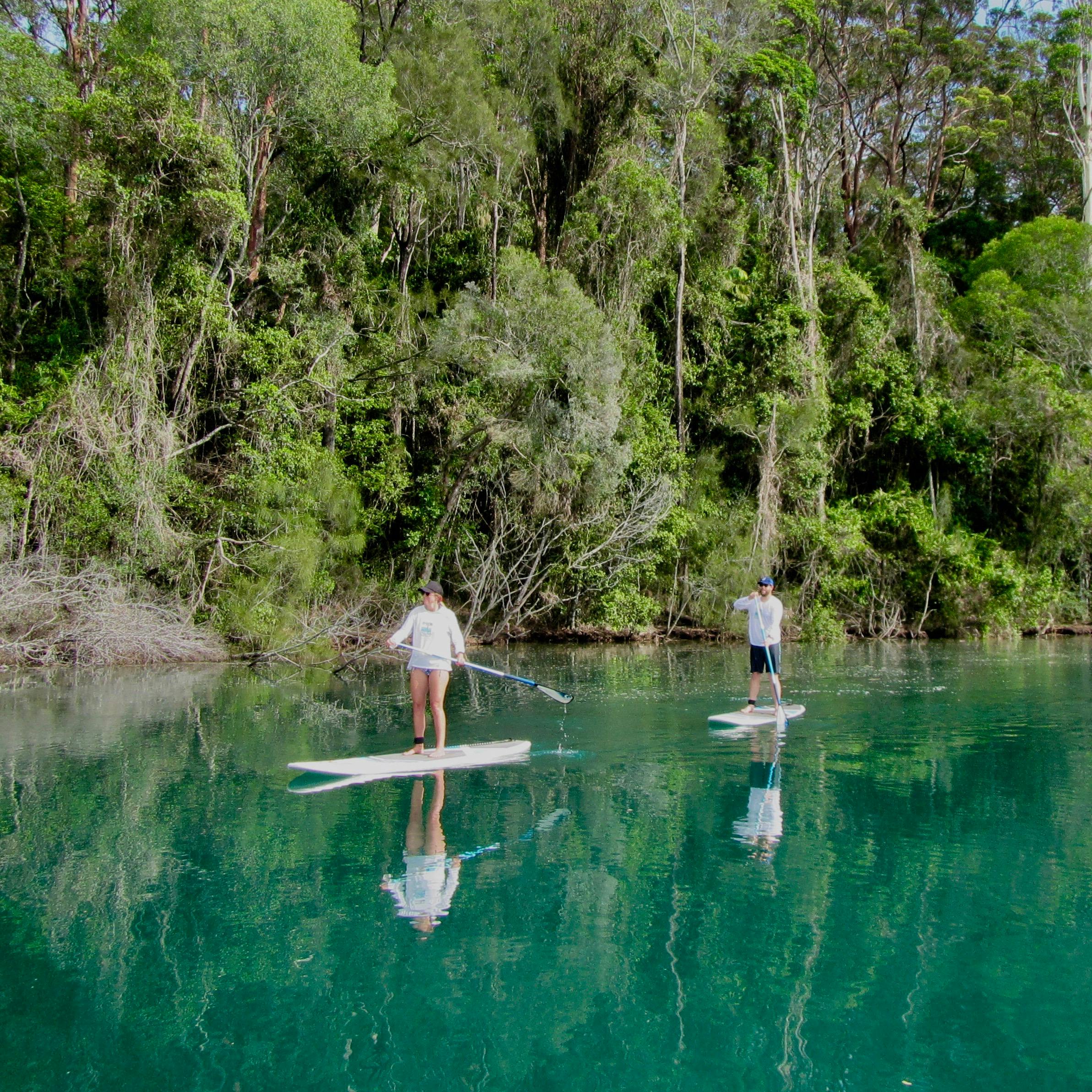 Glassy river reflections on teal water of 2 paddle boarders