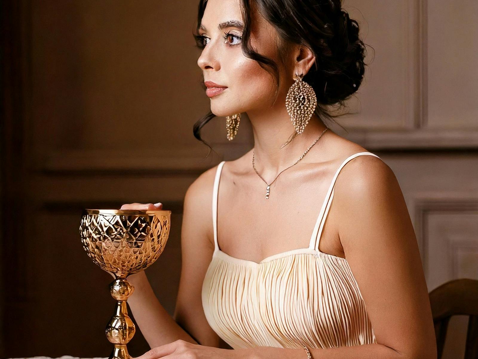 Lady pictured regally with goblet of wine