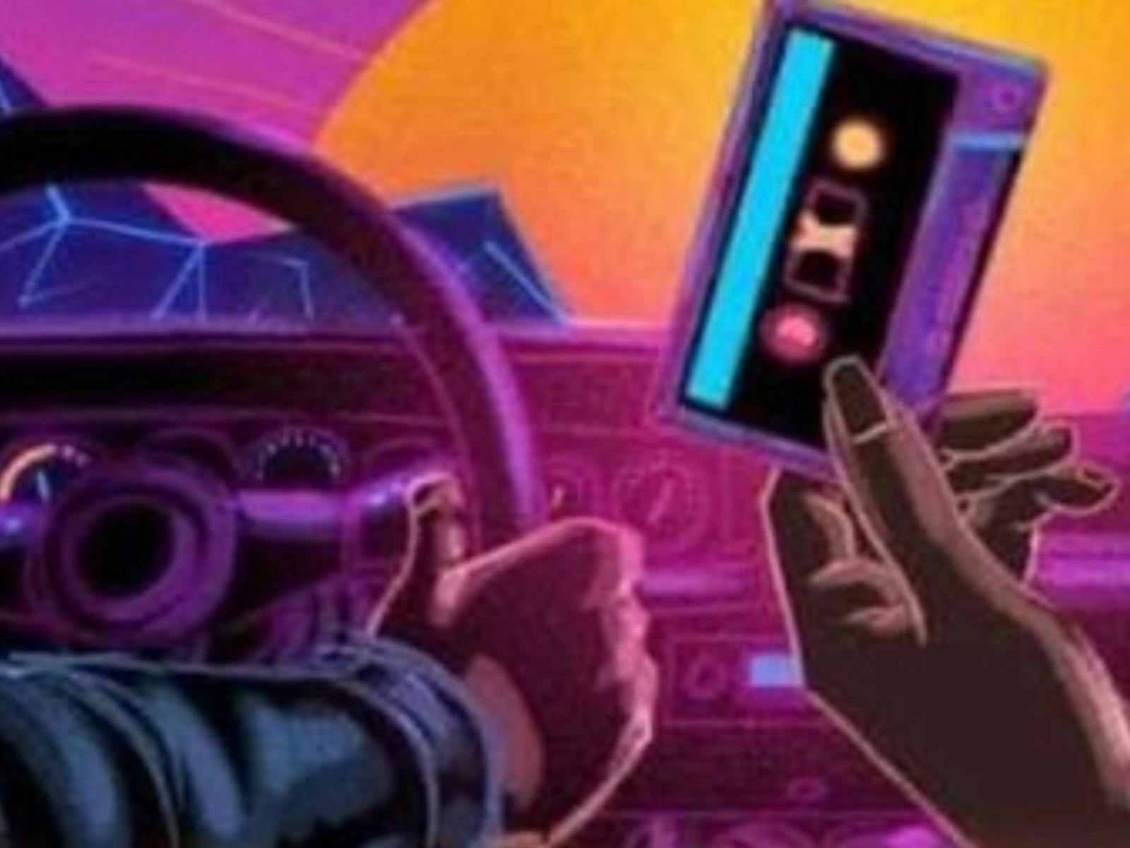 80s tape cassette being handed to driver in front seat of car