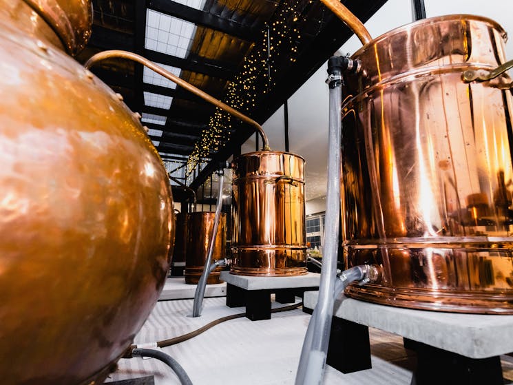 Traditional copper pot stills used to make the distillations