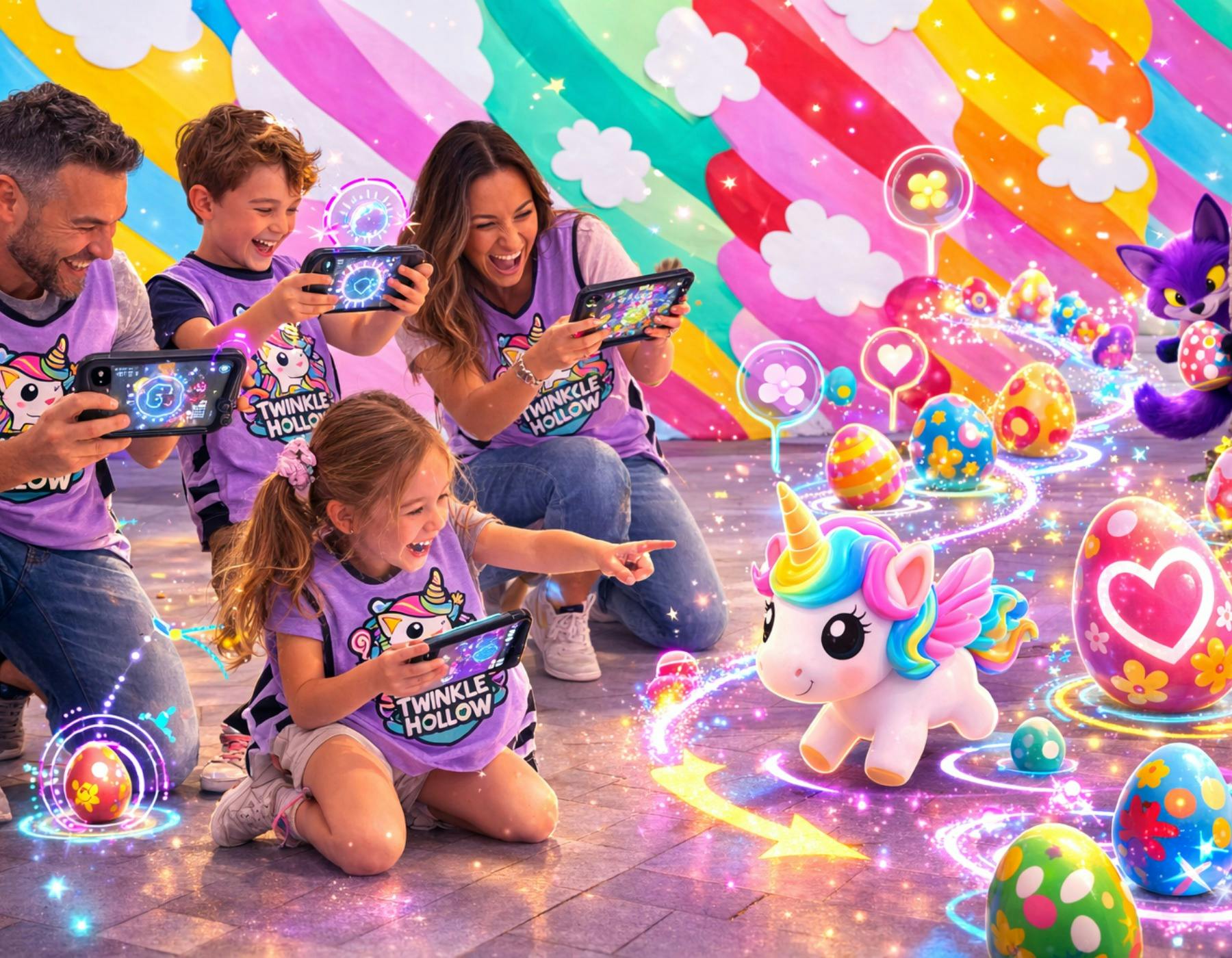 A family in Twinkle Hollow vests laugh together as AR unicorns and eggs appear on their devices.