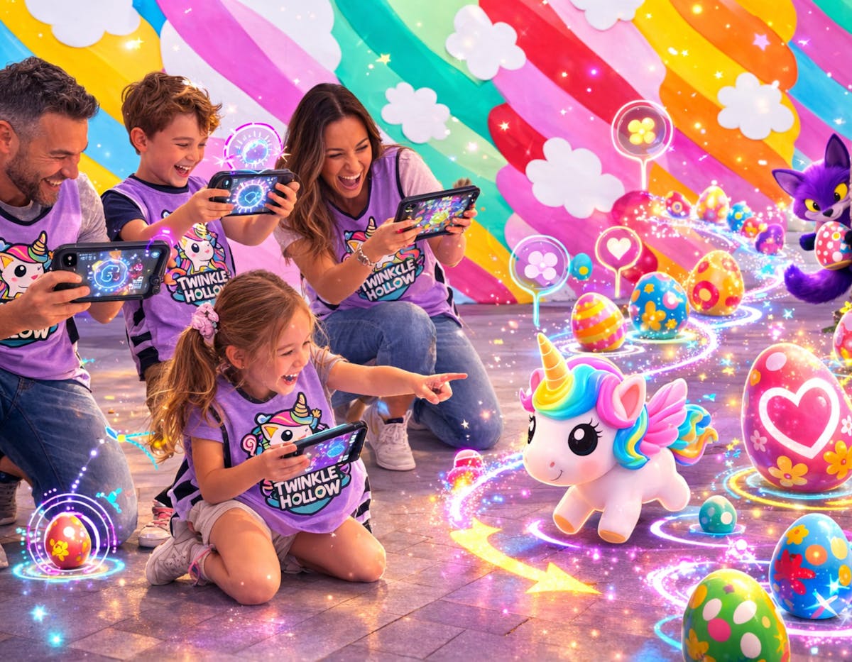 A family in Twinkle Hollow vests laugh together as AR unicorns and eggs appear on their devices.