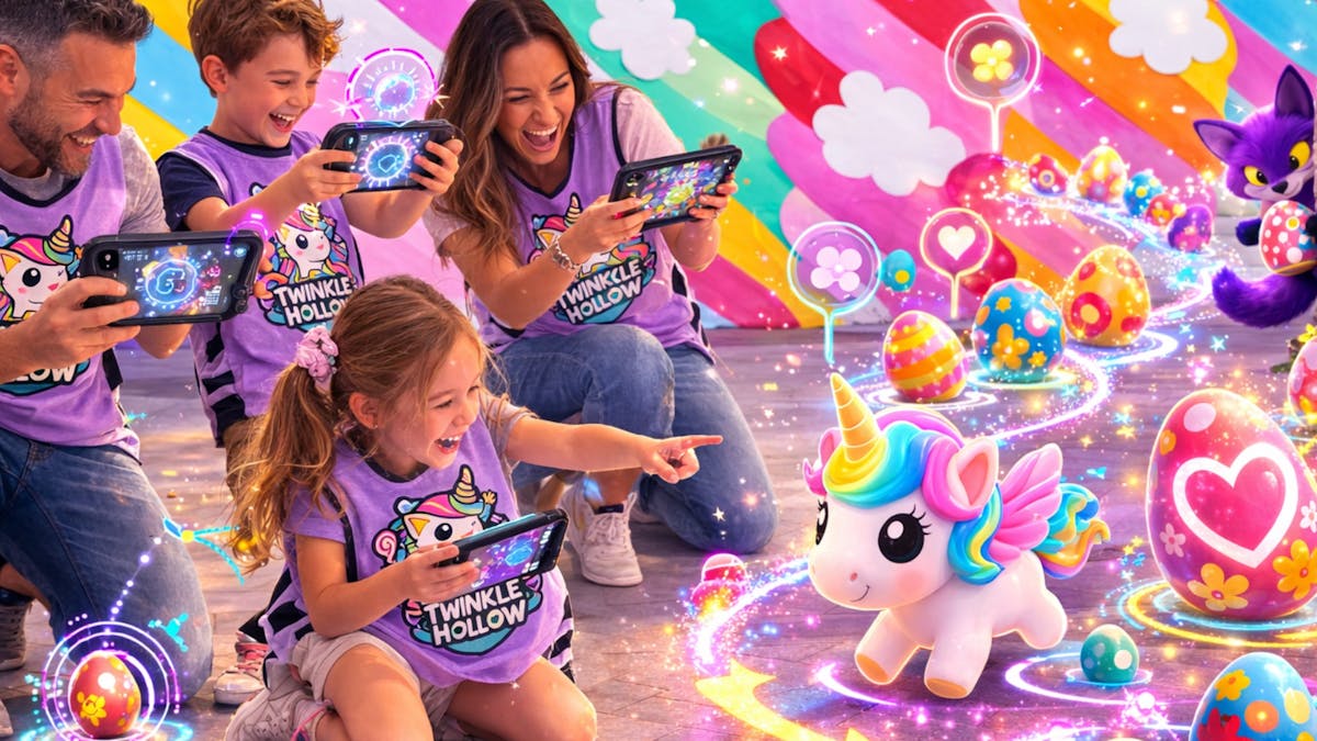 A family in Twinkle Hollow vests laugh together as AR unicorns and eggs appear on their devices.