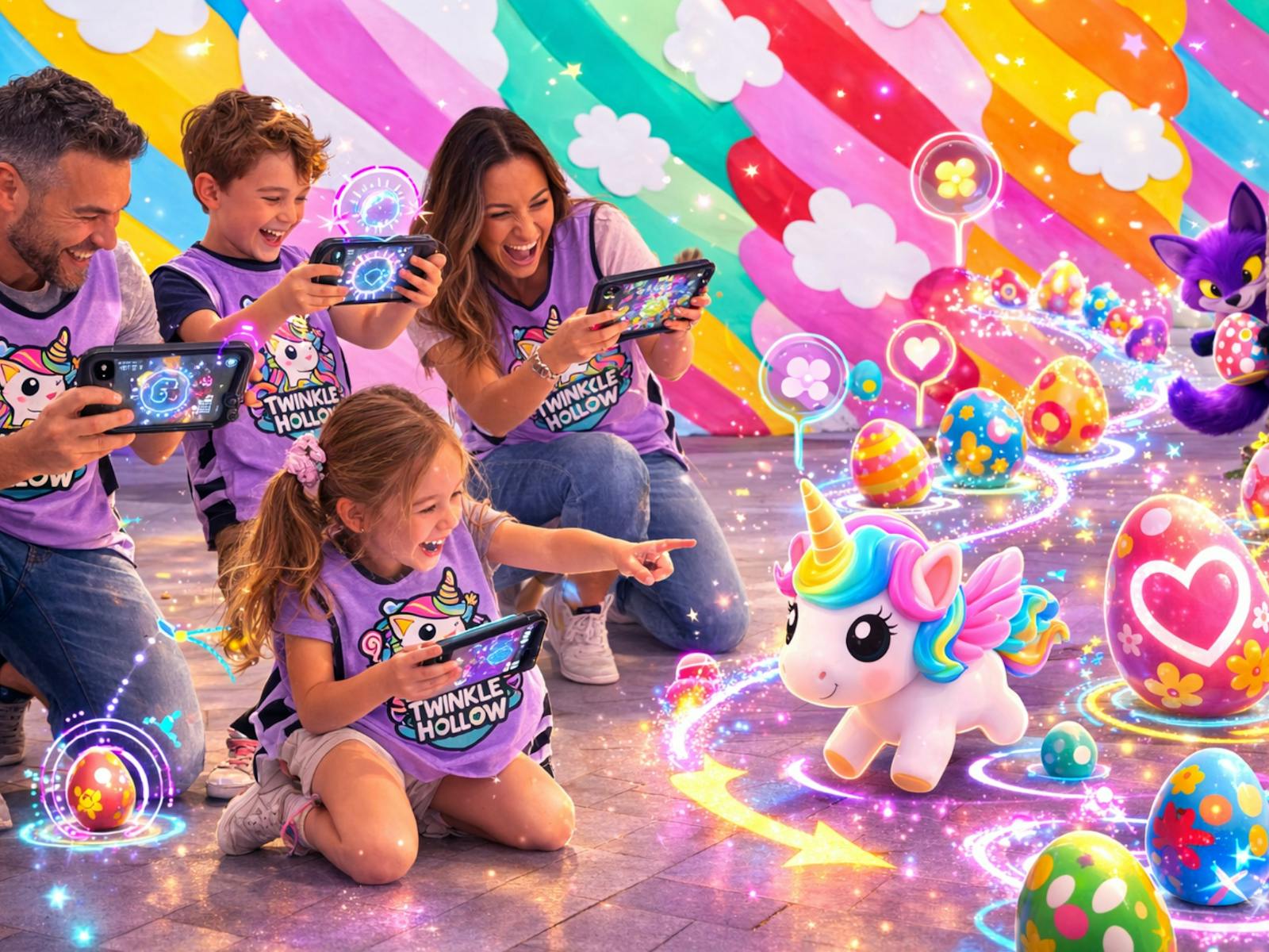 A family in Twinkle Hollow vests laugh together as AR unicorns and eggs appear on their devices. A family in Twinkle Hollow vests laugh together as AR unicorns and eggs appear on their devices.