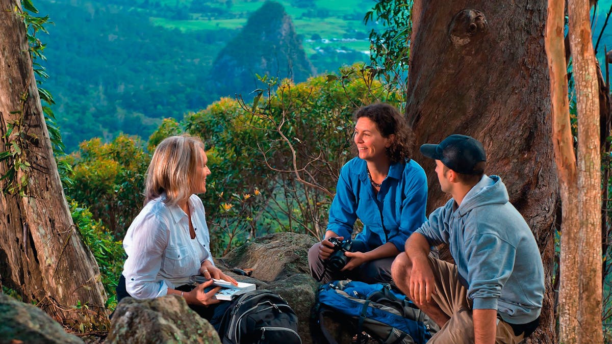 3 hikers resting on some rocks under tall trees which sit at the top of a ridge overlooking a valley