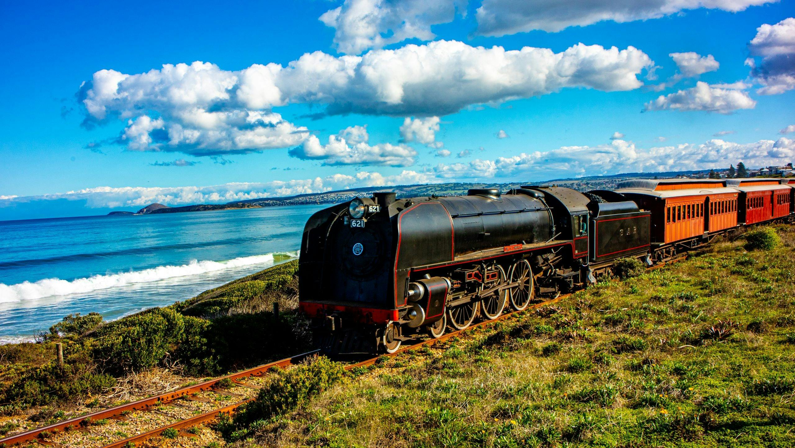 Cockle Train train running adjacent to coast