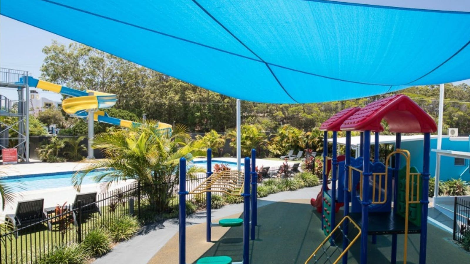 Undercover Playground and heated pool with 35 metre water slide