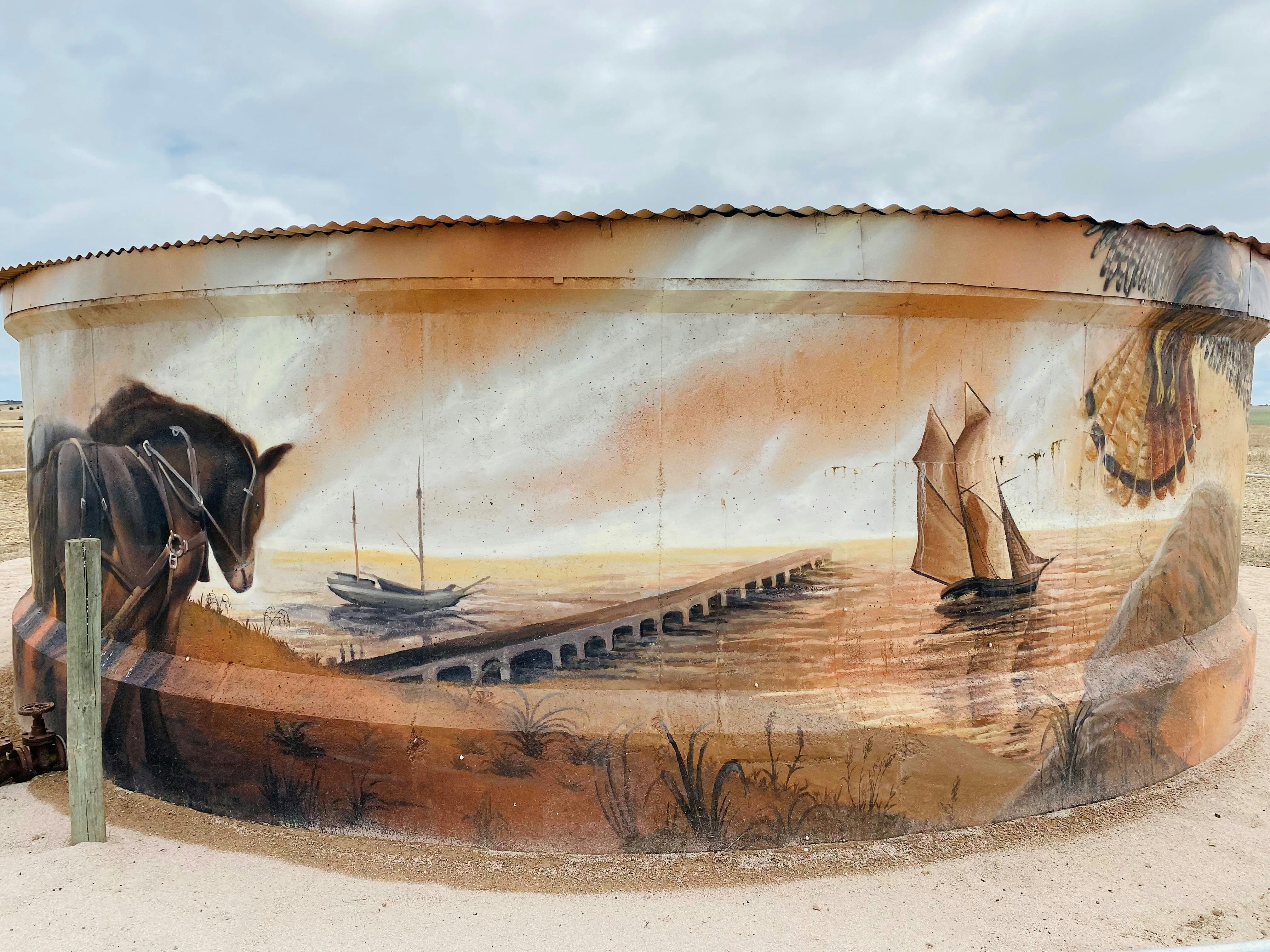 Port Moorowie Water Tank Mural - Jetty and Sailing Ship