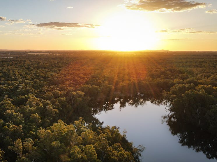 a sunset drone shot of the murray river