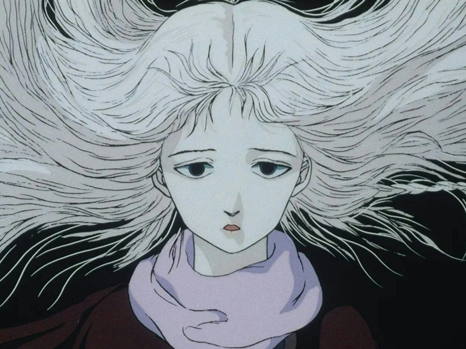 Animated young woman with wind swept long white hair