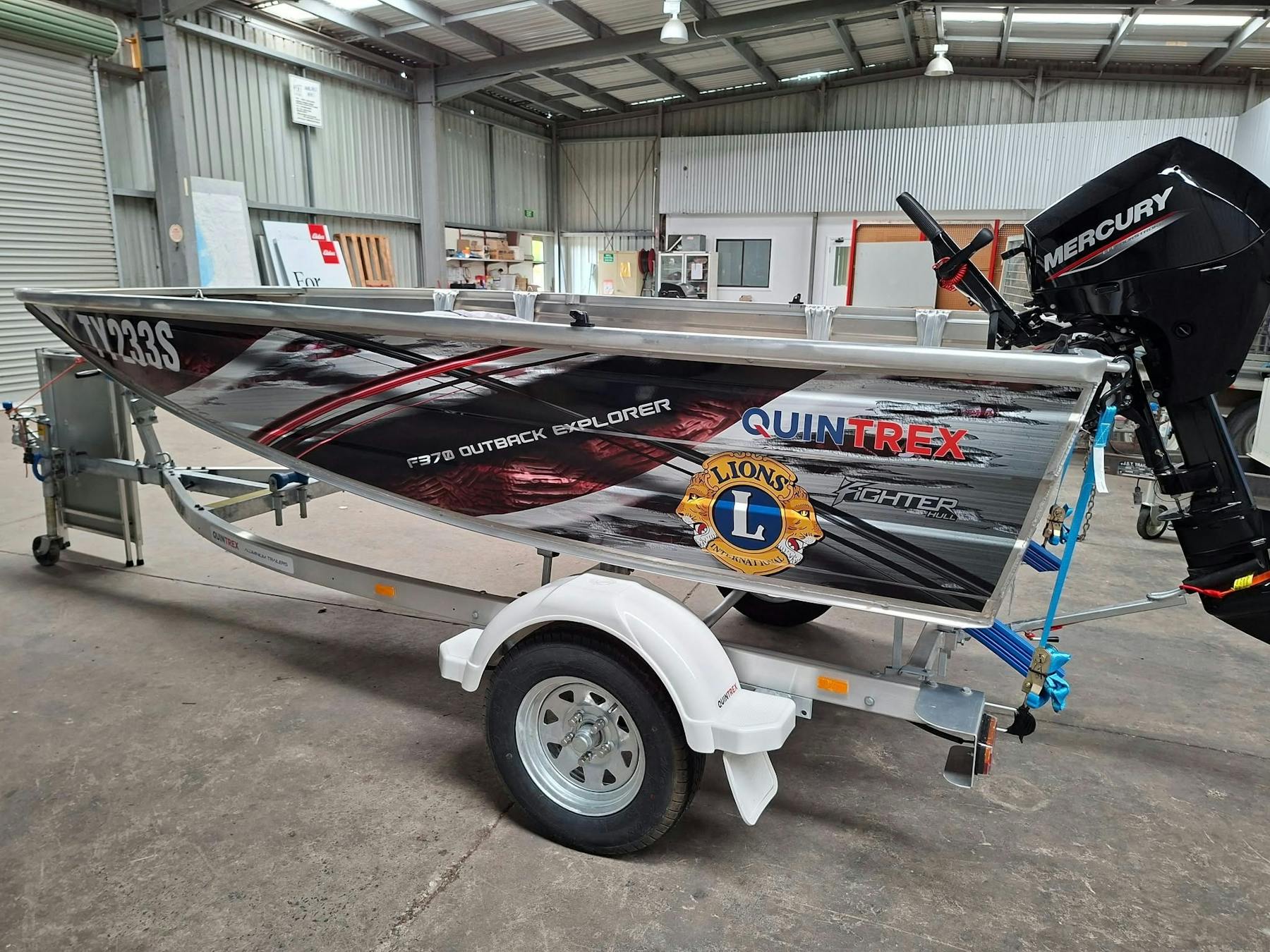 With vinal wrap, 20HP Mercury Motor, Aluminium Quintrex trailer, safety kit, etc