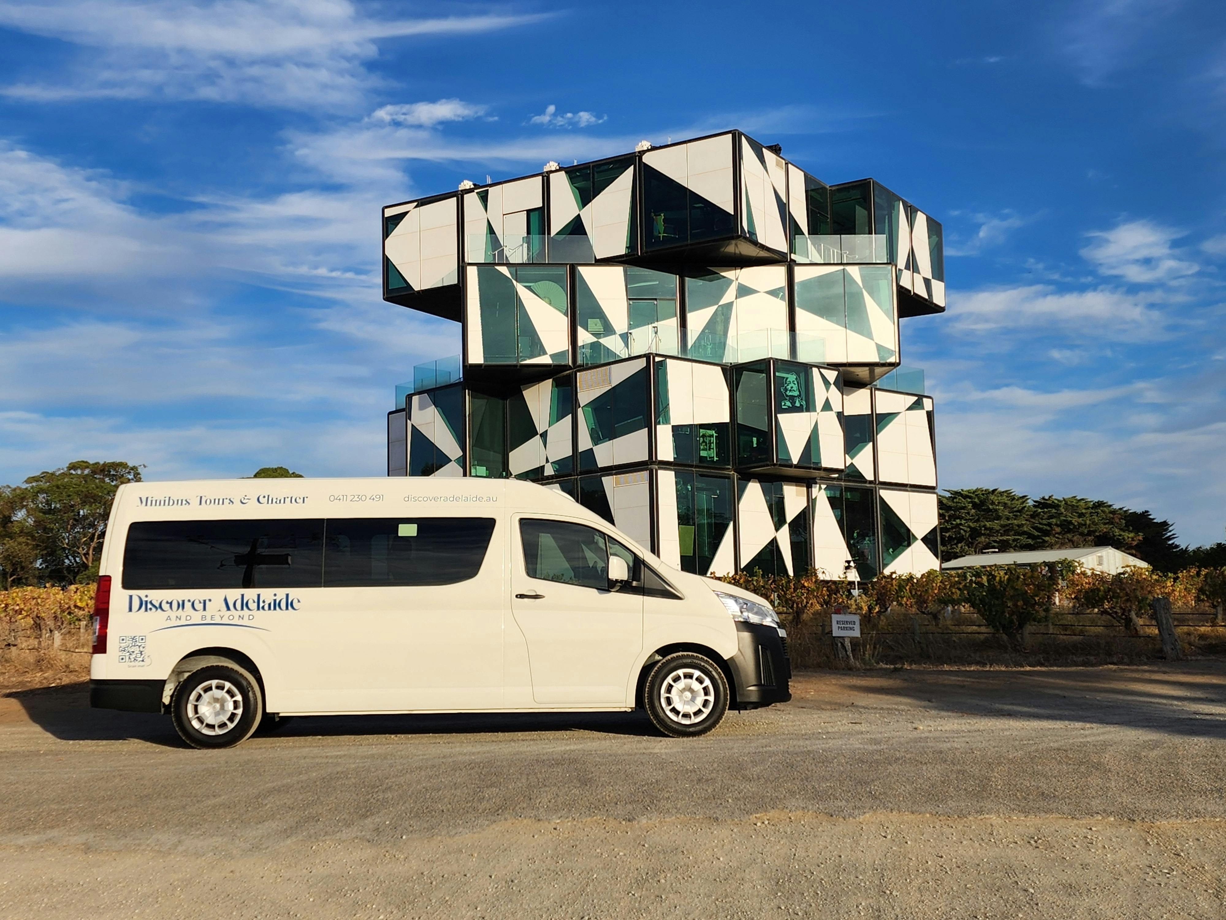 Discover Adelaide minibus in front of d'Arenberg Cube Winery in McLaren Vale