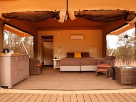 Front view of glamping tent Ikara Safari Camp, Active Rest Retreats, Wilpena Women's Weekend.