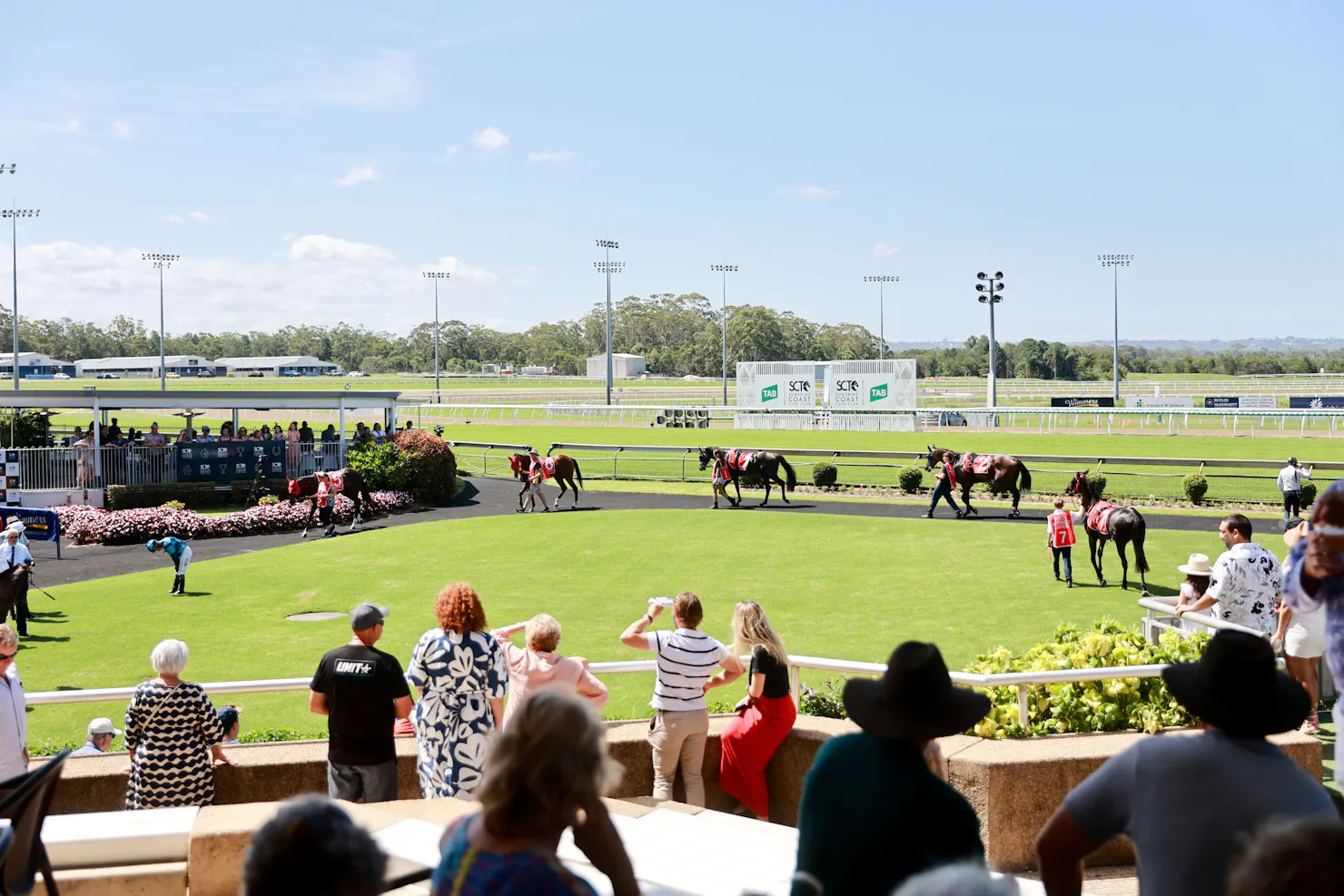 Wide photo of a racecourse mounting yard. Parading horses and people watching