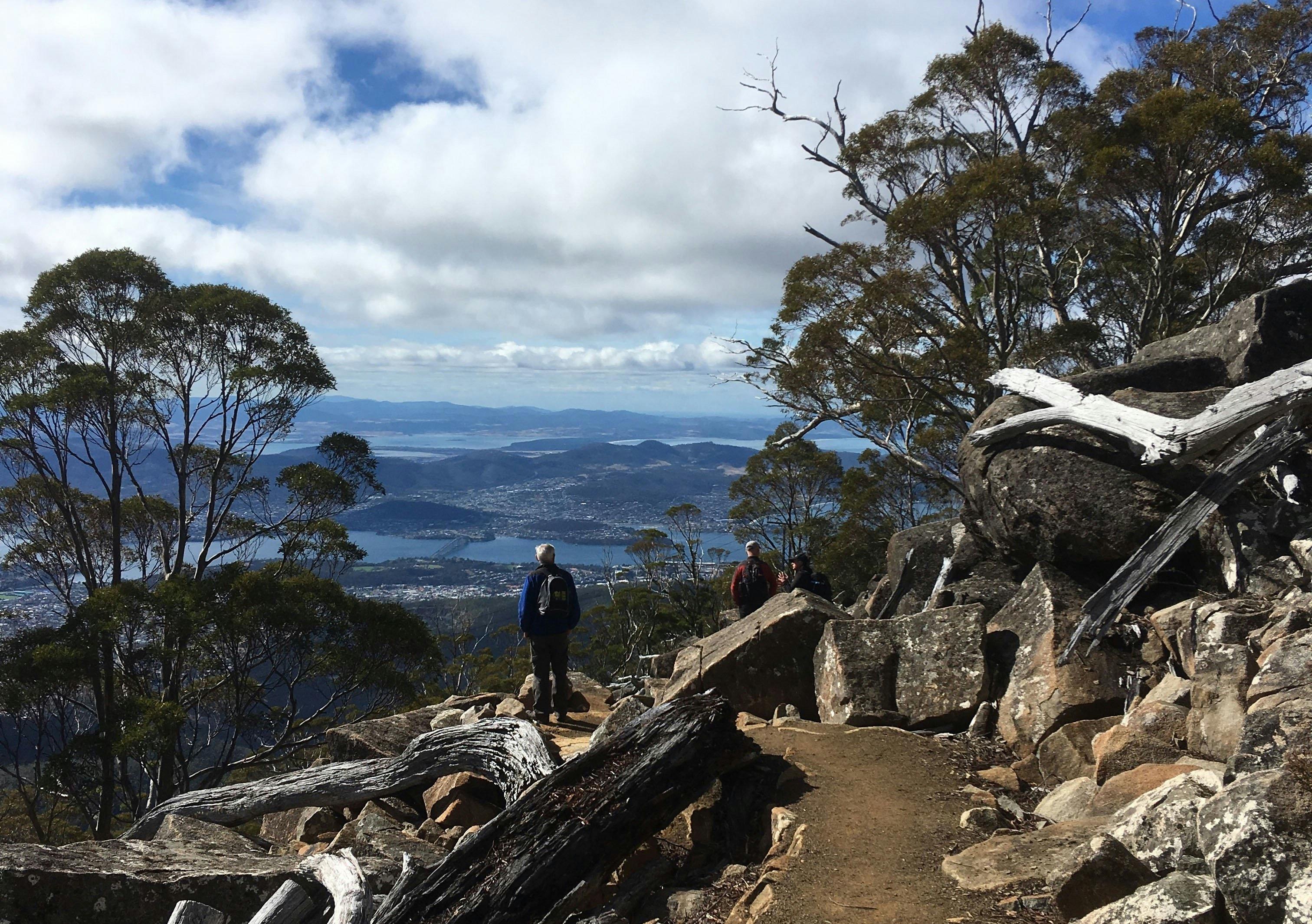 Bushwalkers enjoying the views from the Organ Pipes Track.