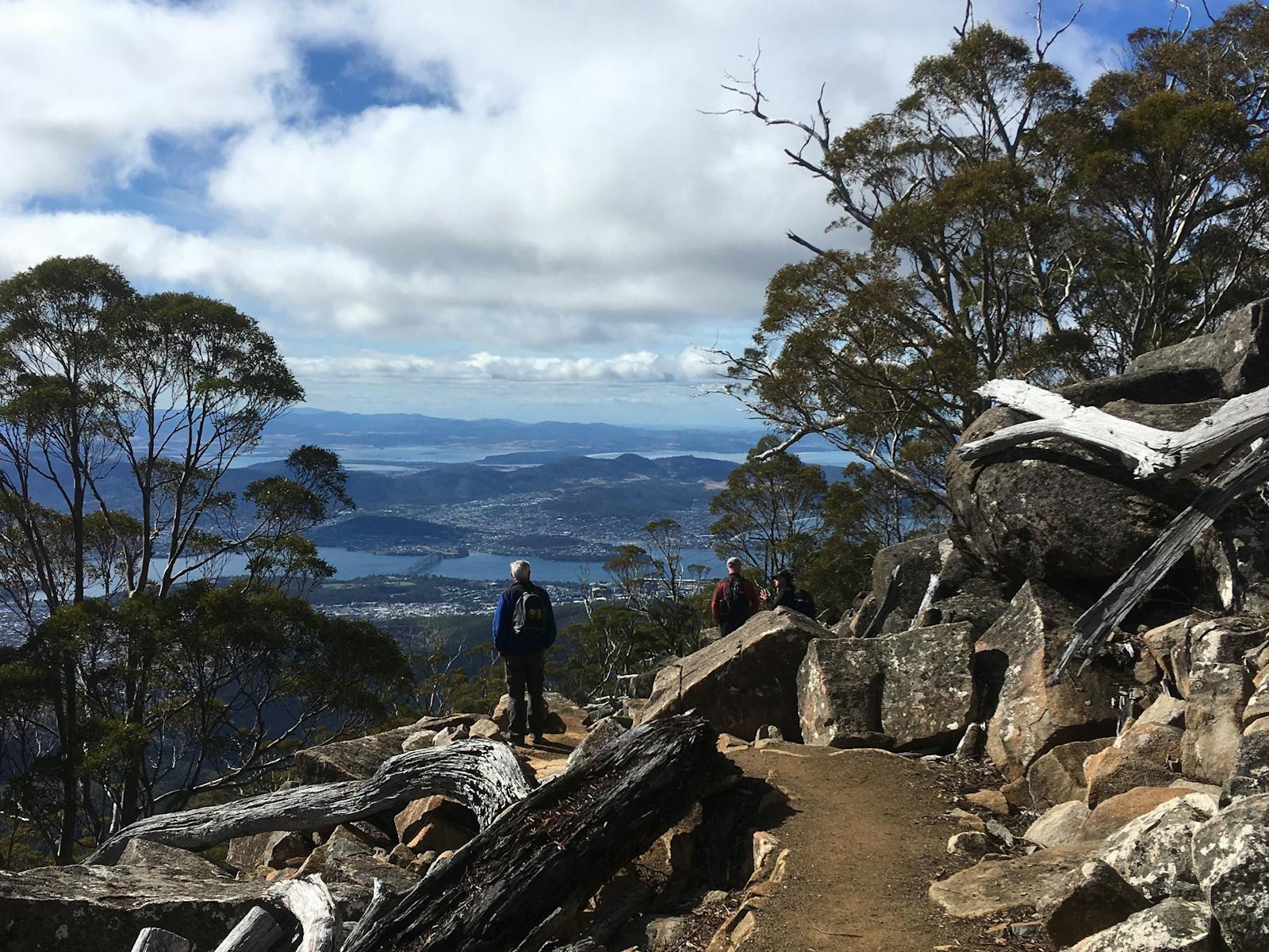 Bushwalkers enjoying the views from the Organ Pipes Track.