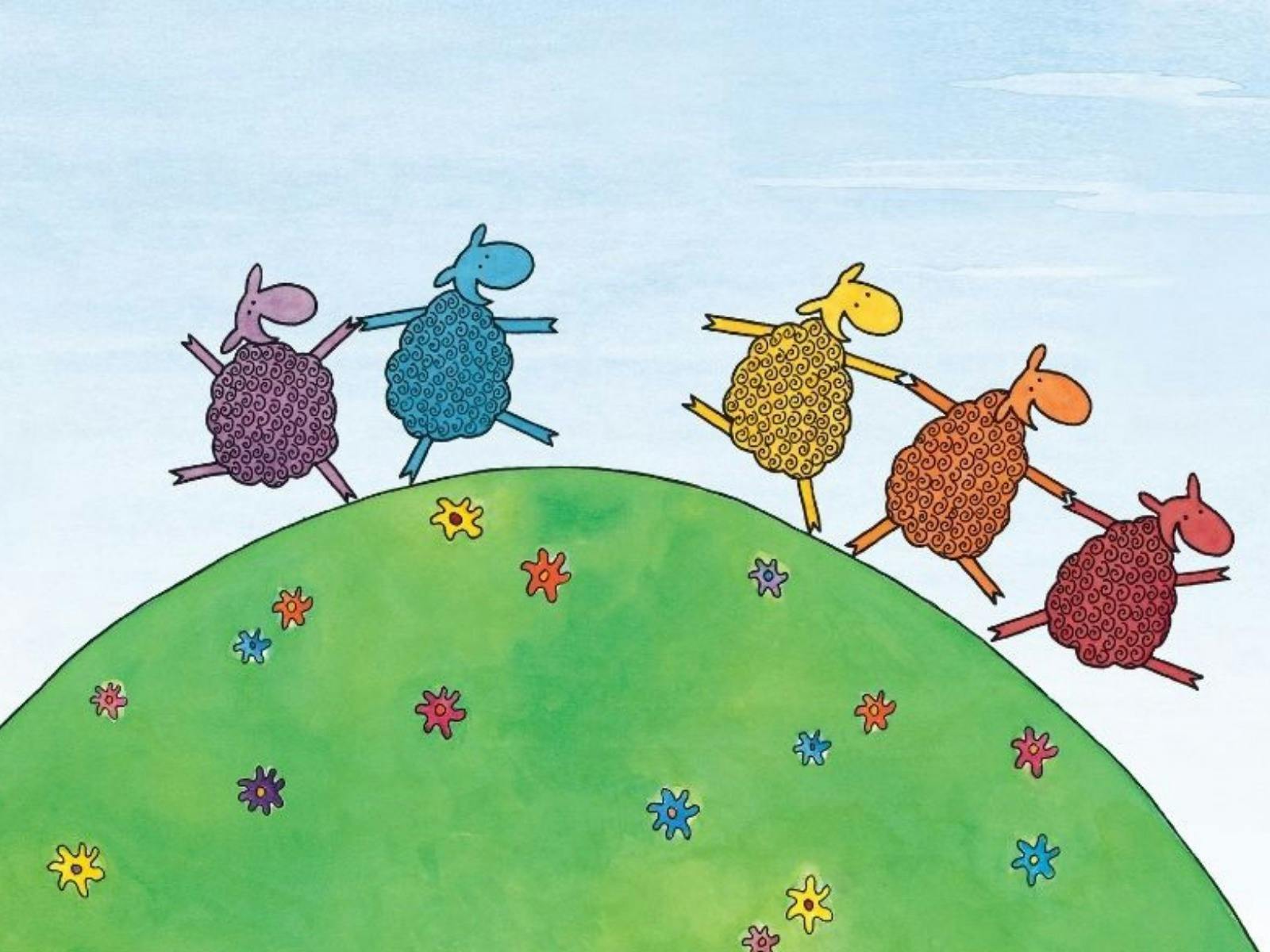 Green hill will 5 different coloured sheep walking over the top.
