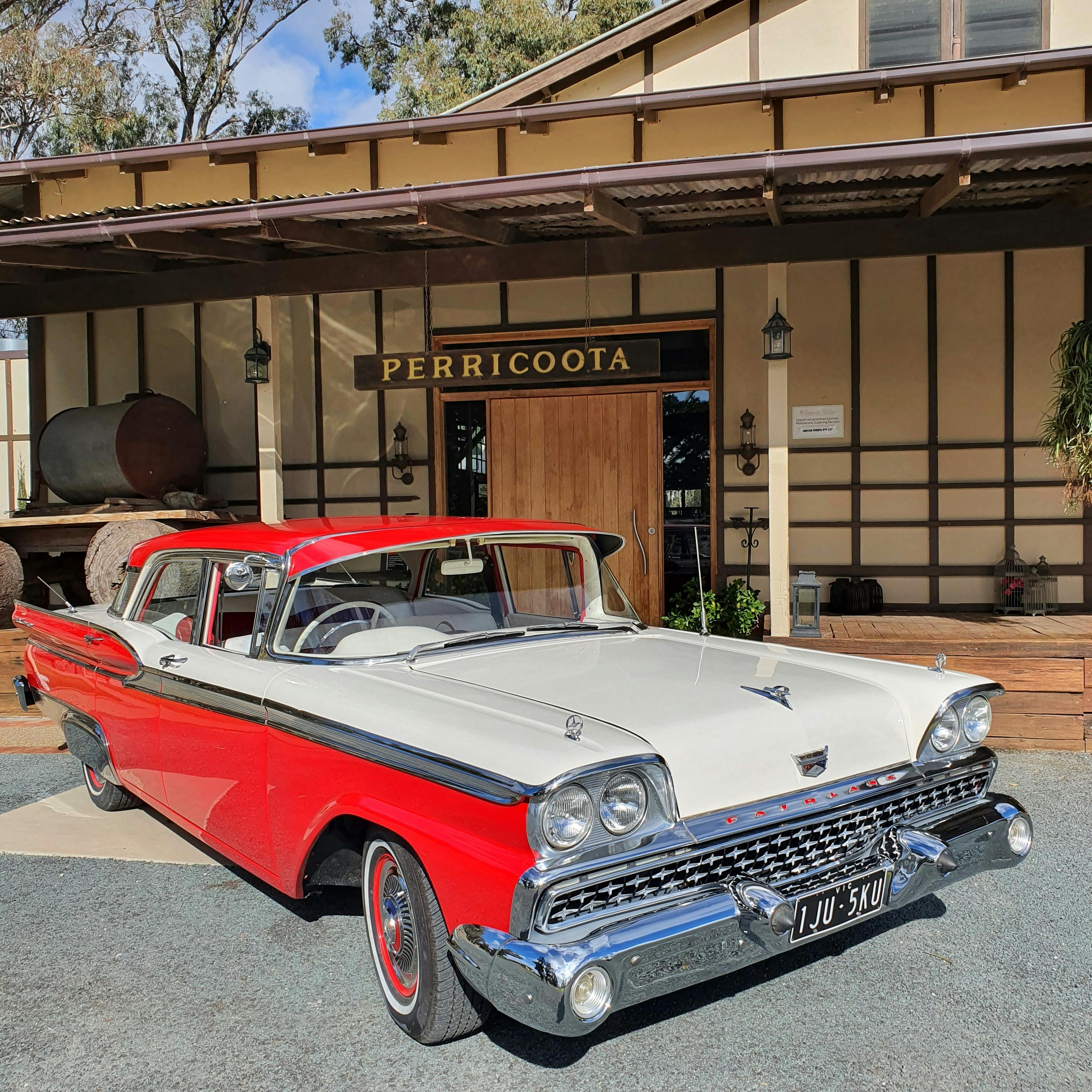 Four door Ford Fairlane 1959 two tone at Packing Shed