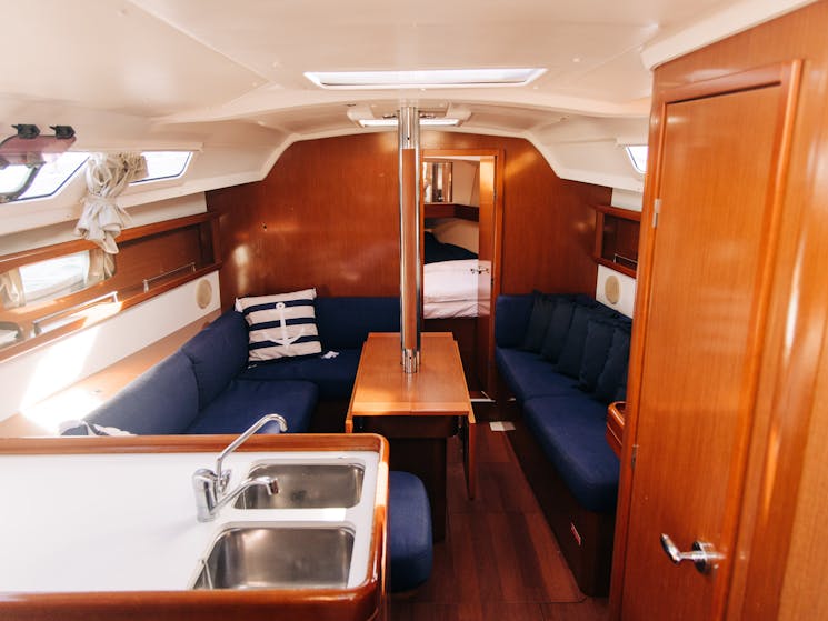 Inside view of yacht cabin.