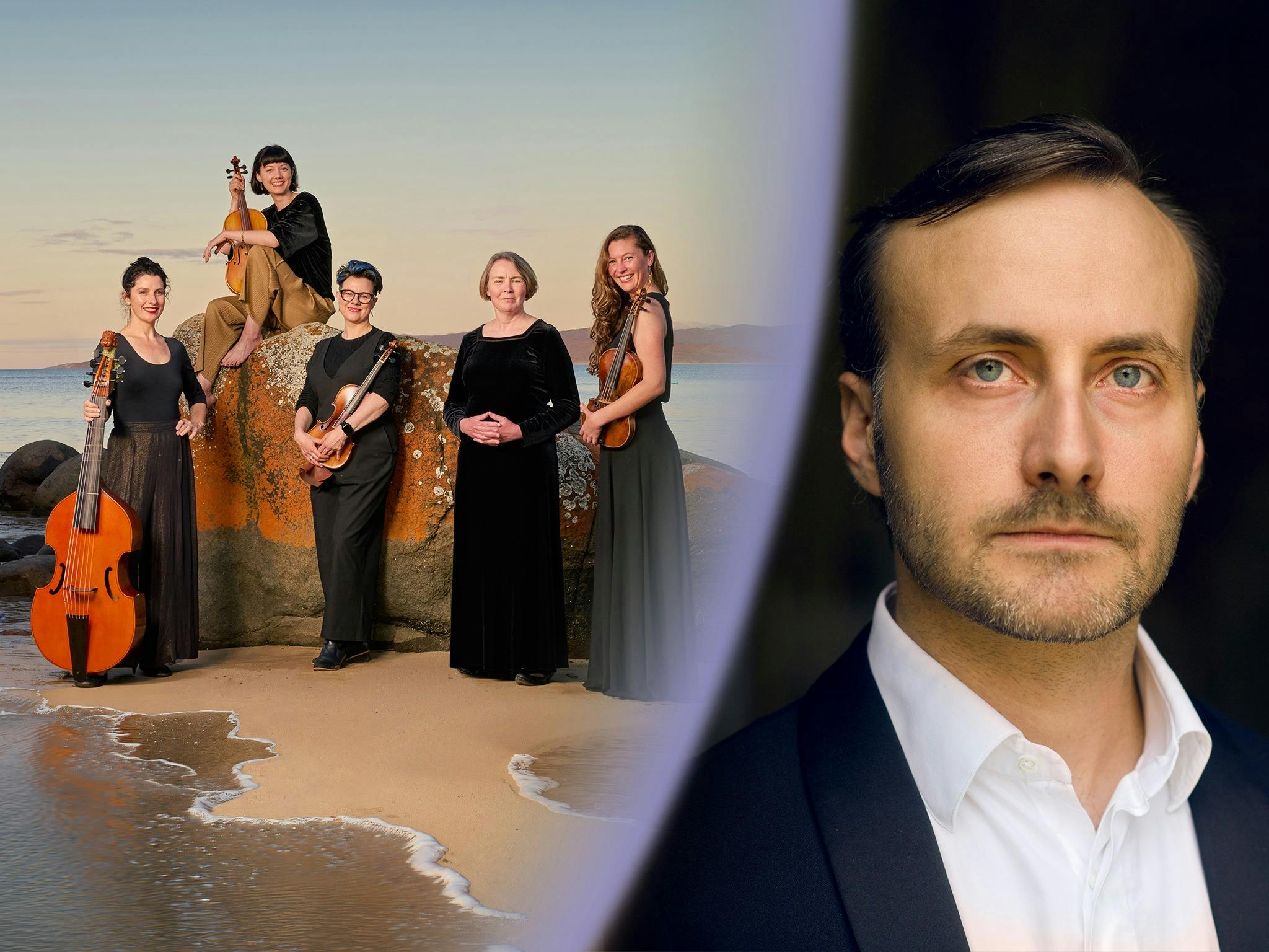 Van Diemen's Band on a beach with their instruments, beside a portrait of Bertrand Cuiller