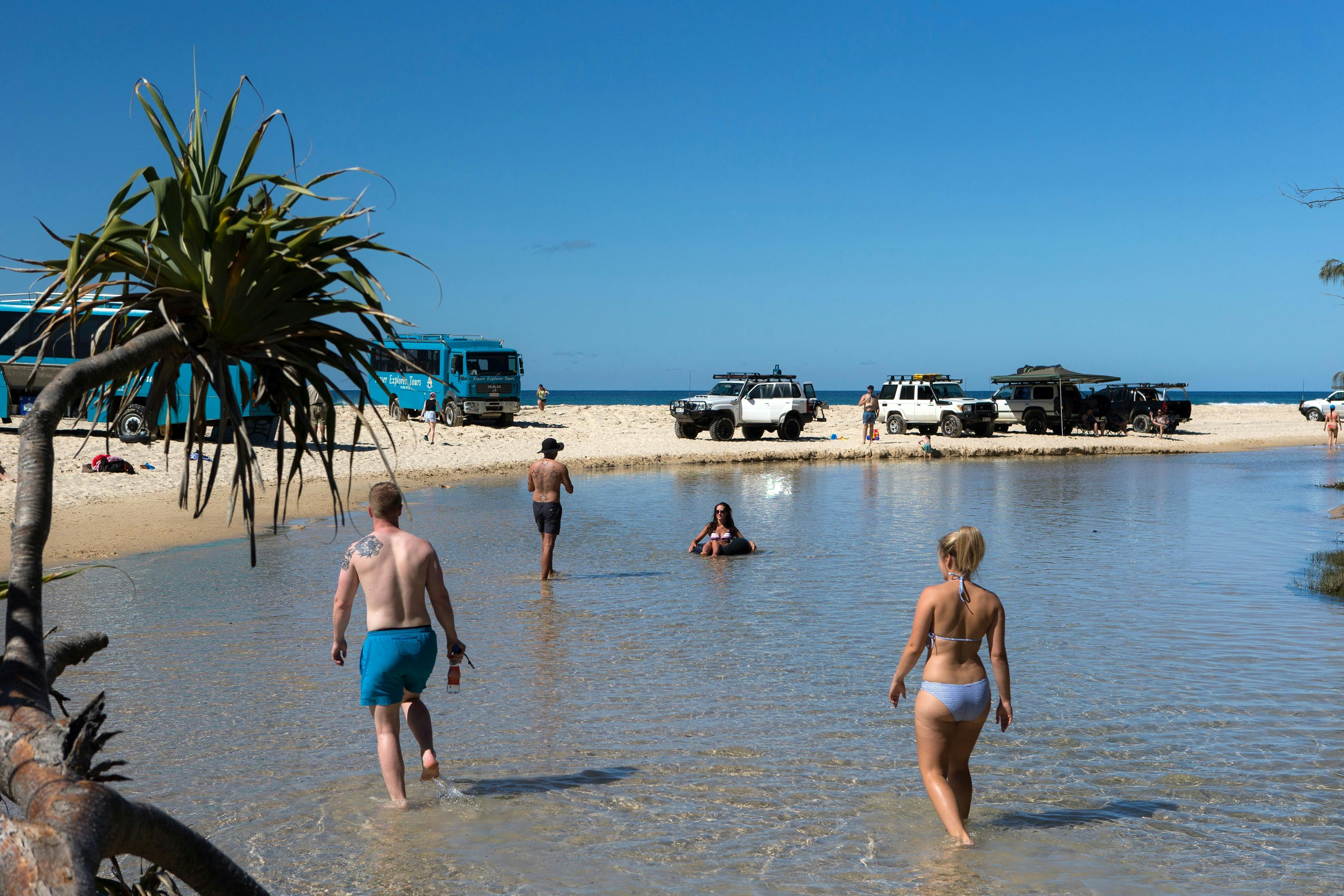 Photo showing people walking in shallow water at Eli Creek on Fraser Island.