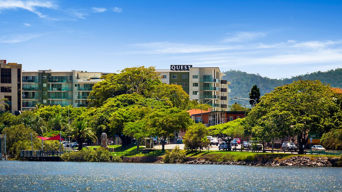 Exterior view of Quest Breakfast Creek from the Brisbane River