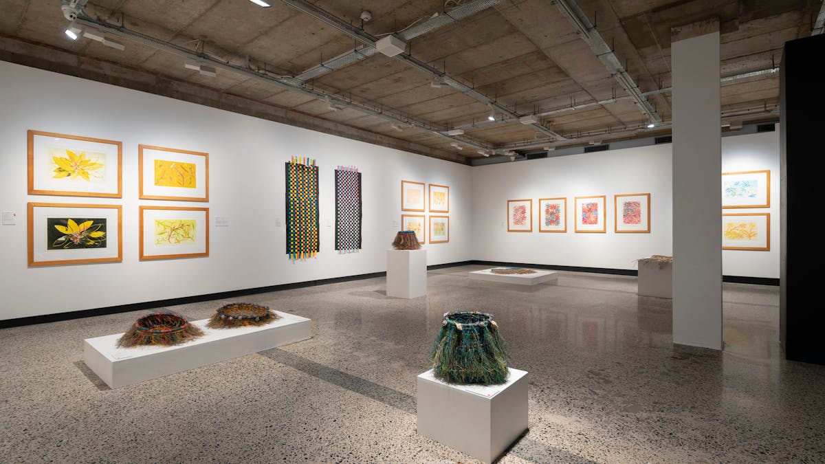 Gallery with white walls and a polished concrete floor. Artworks are monoprints and woven baskets.