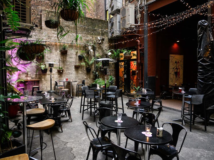 A reverse view of the courtyard with a mix of tables, colourful lights, and hanging plants.