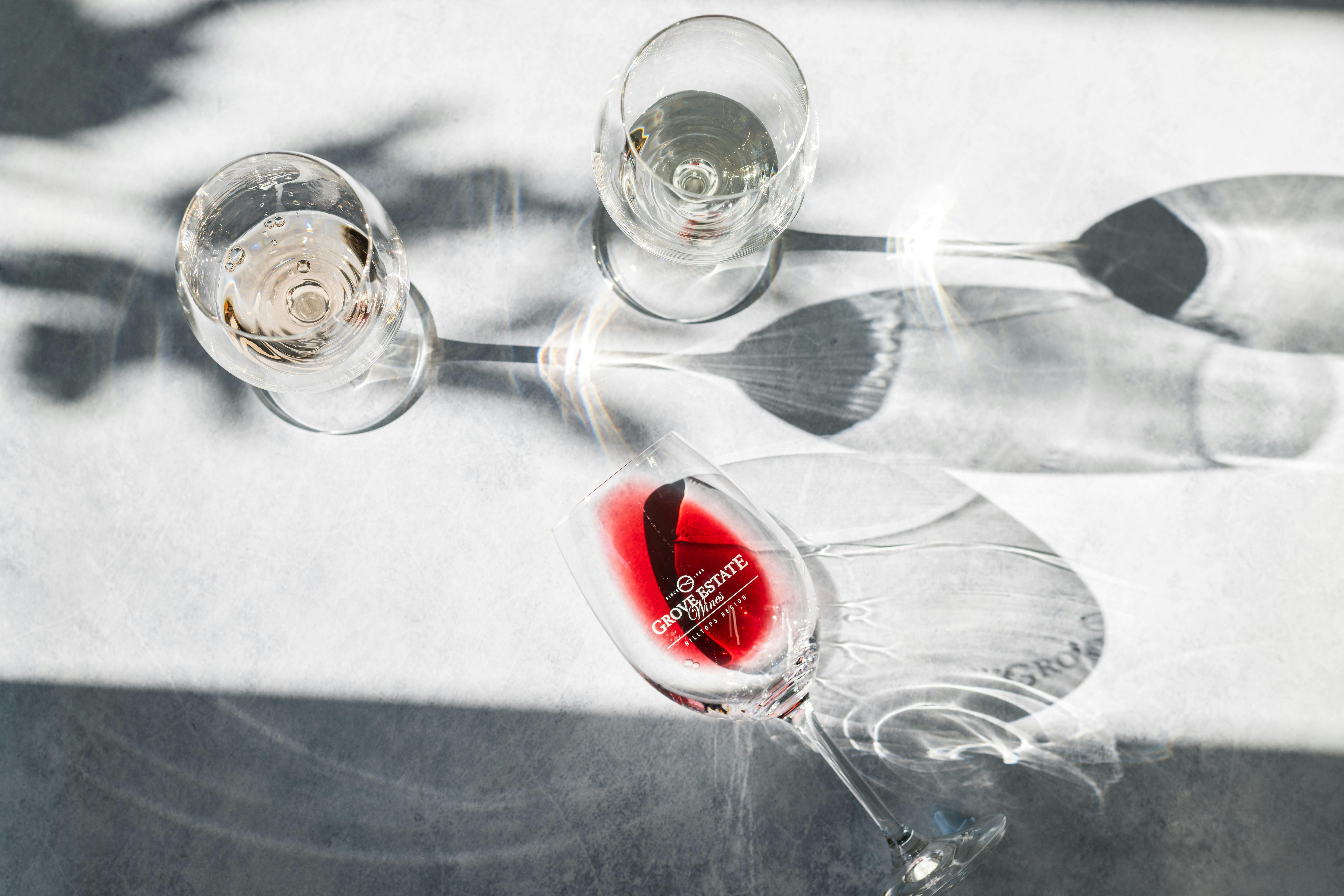 Colourful glasses of wine printed on Grove Estate glasses