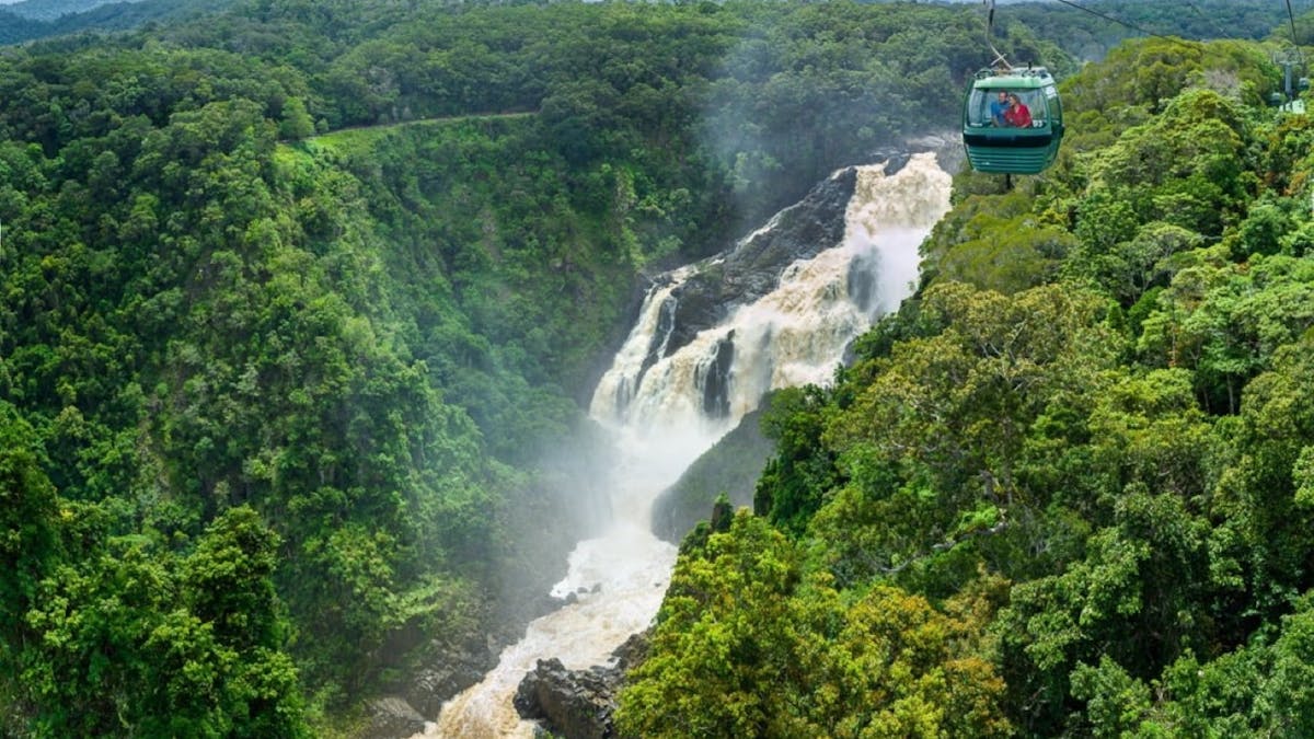 Aerial view of Skyrail Rainforest Cableway over the Barron Falls in Kuranda Rainforest, Barron Gorge