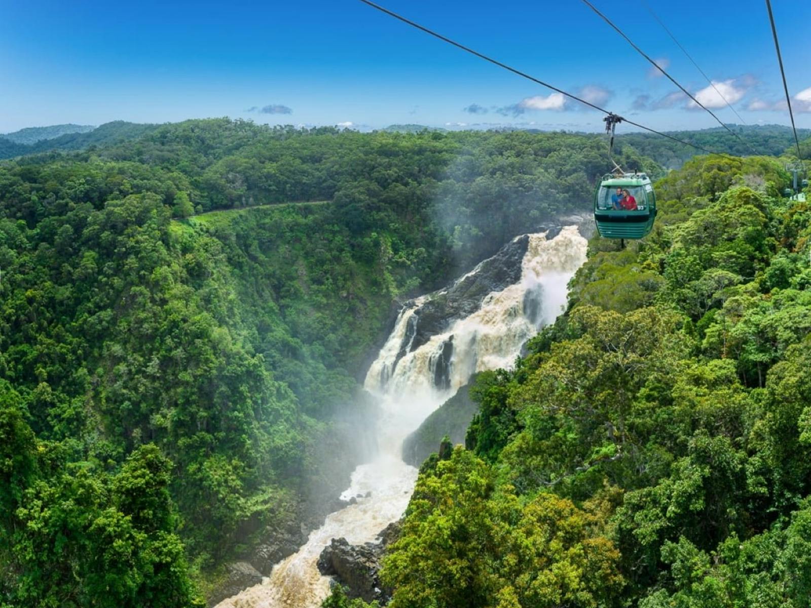 Aerial view of Skyrail Rainforest Cableway over the Barron Falls in Kuranda Rainforest, Barron Gorge