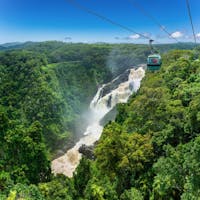 Aerial view of Skyrail Rainforest Cableway over the Barron Falls in Kuranda Rainforest, Barron Gorge