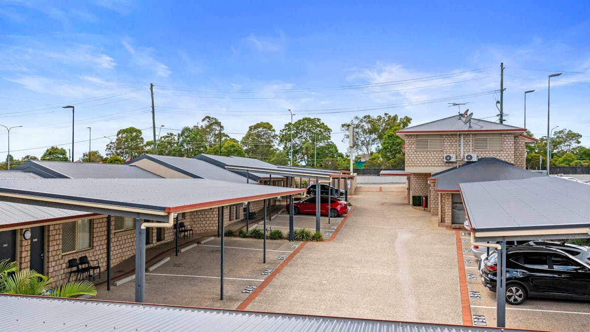 Top down view of our carpark from the back balcony of the motel