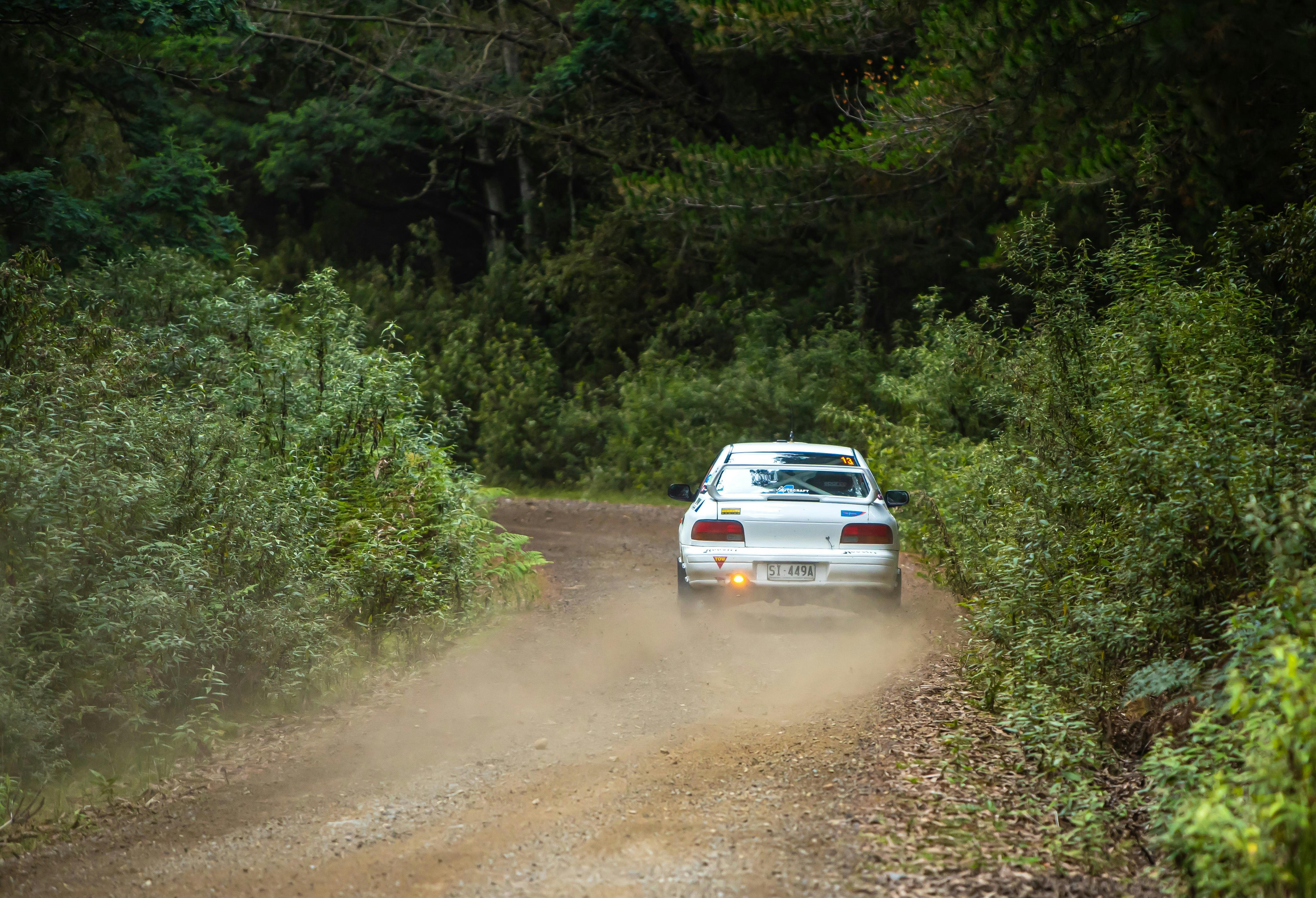 Rally car driving down gravel road with forest either side. The car has it's back to the camera.