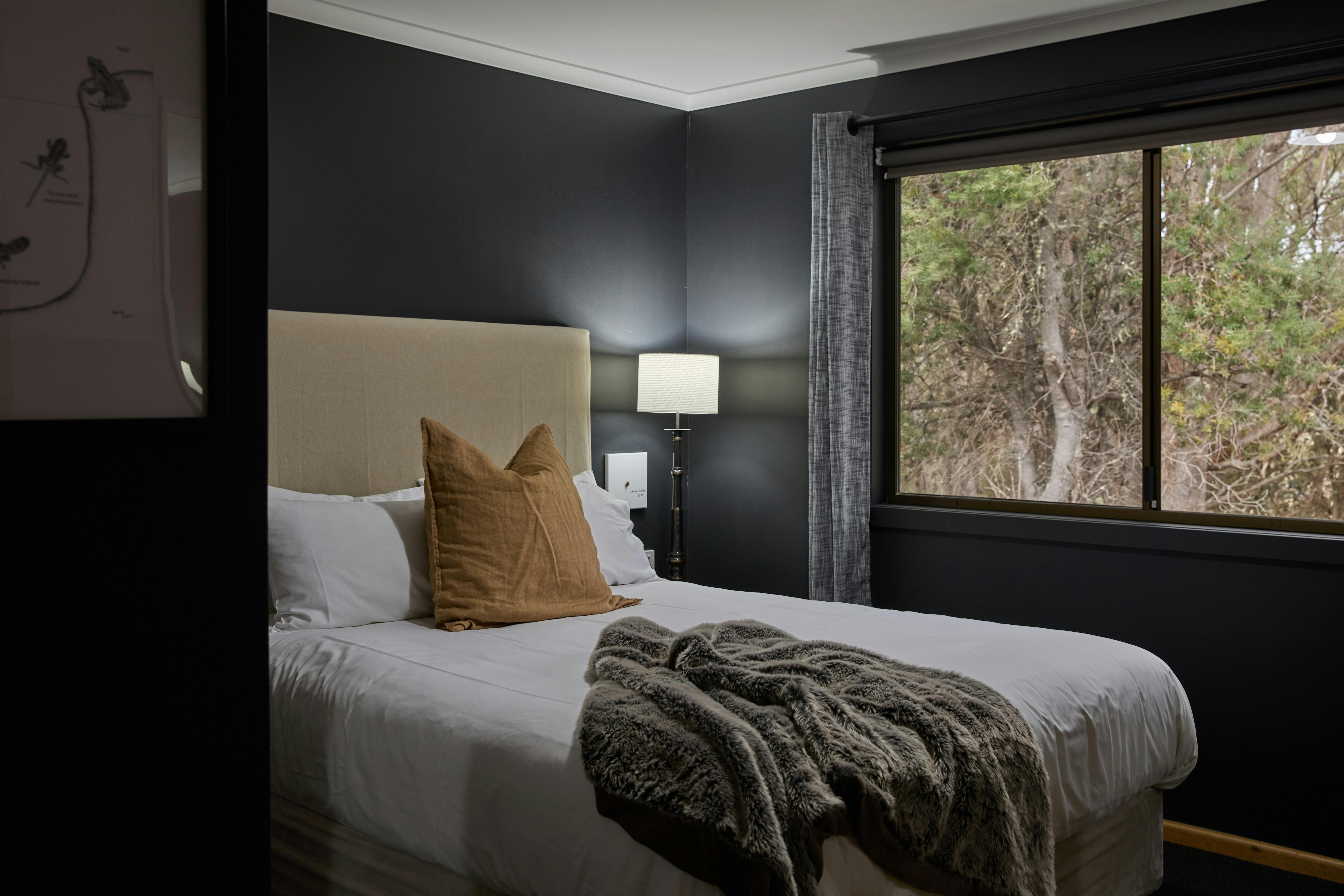Queen bed with lamp on and large window overlooking bush setting