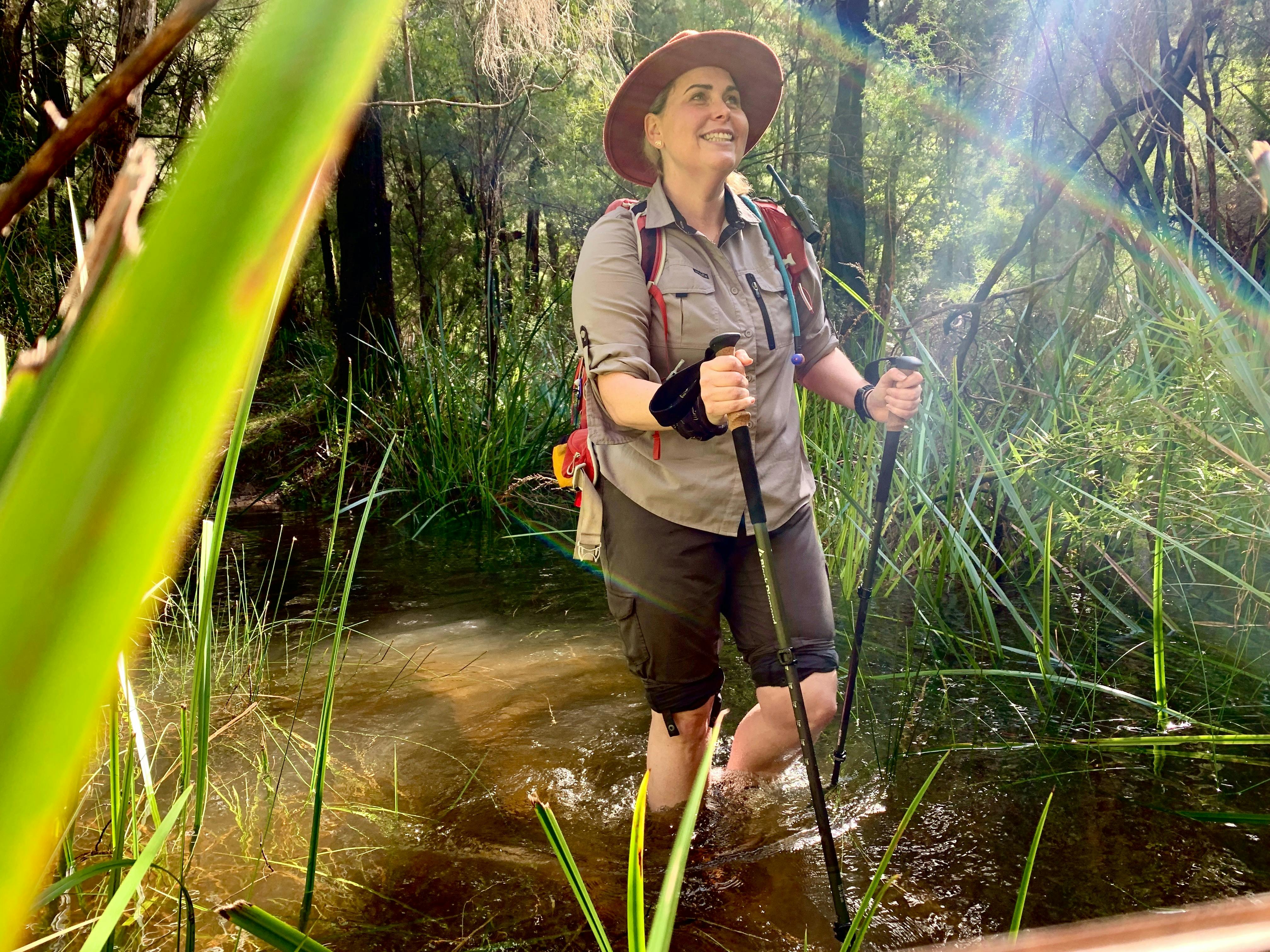 Happy hiking instructor with hat, backpack and hiking poles, hiking through shallow river in forest