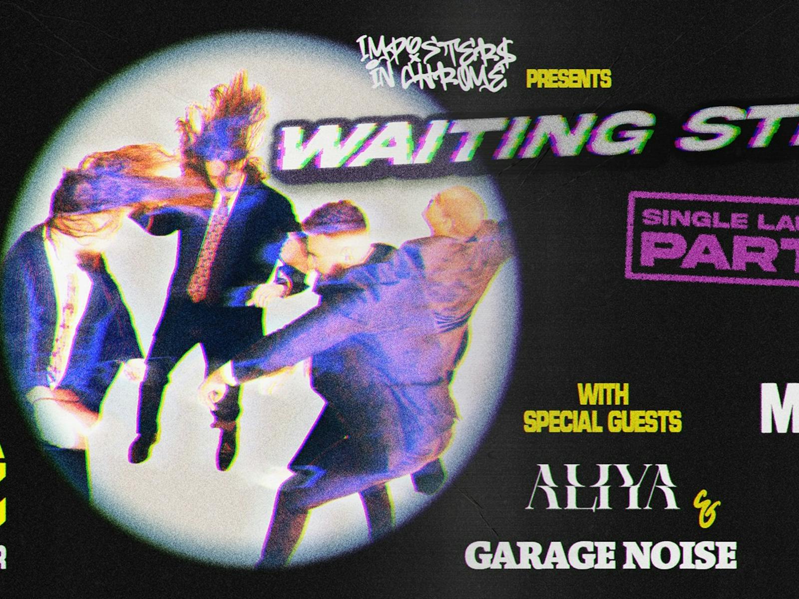 Poster featuring distorted image of Imposters in Chrome members mid-jump, block text with event info