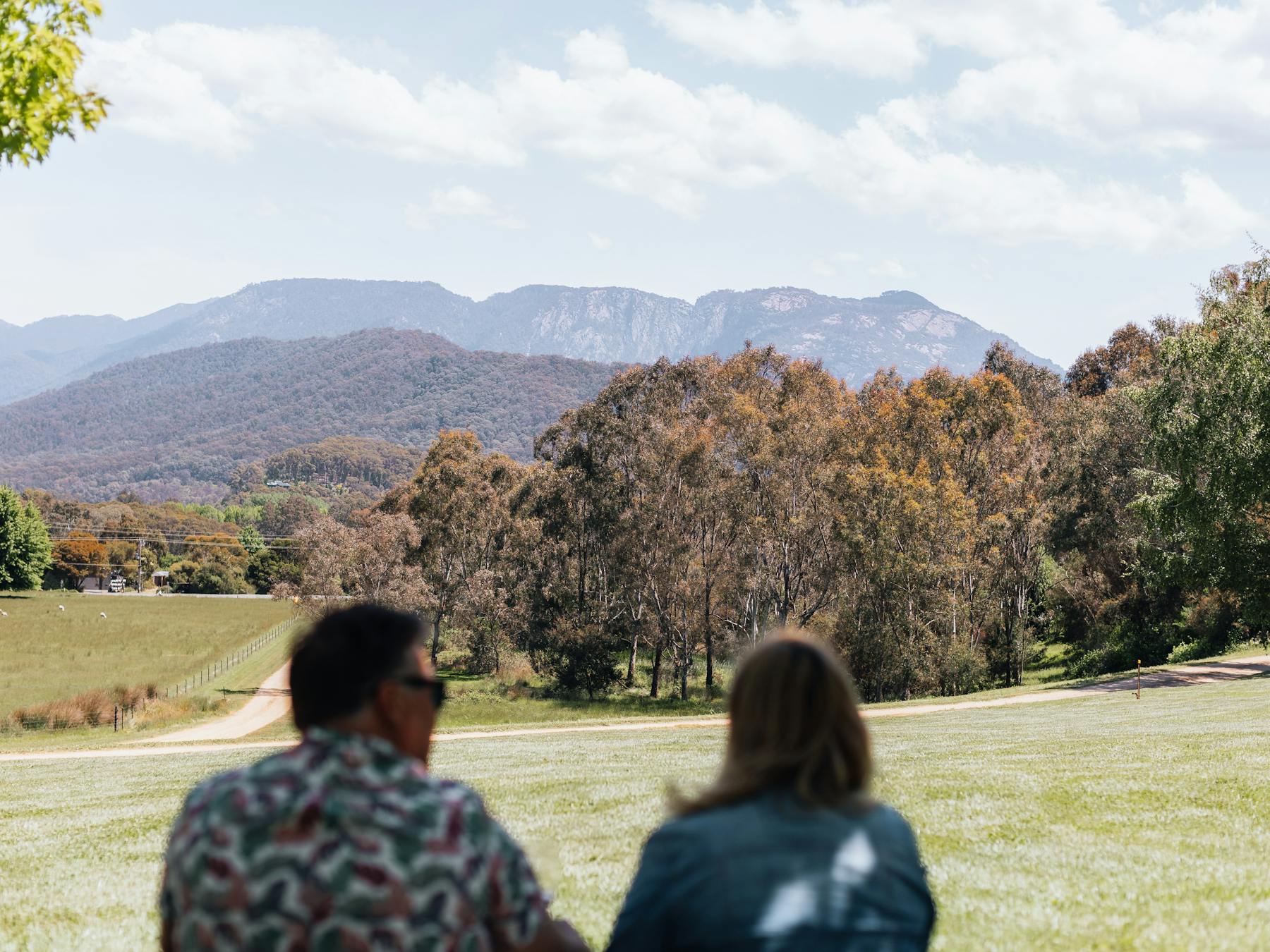 Couple looking at grass, trees and mountains at Ringer Reef winery