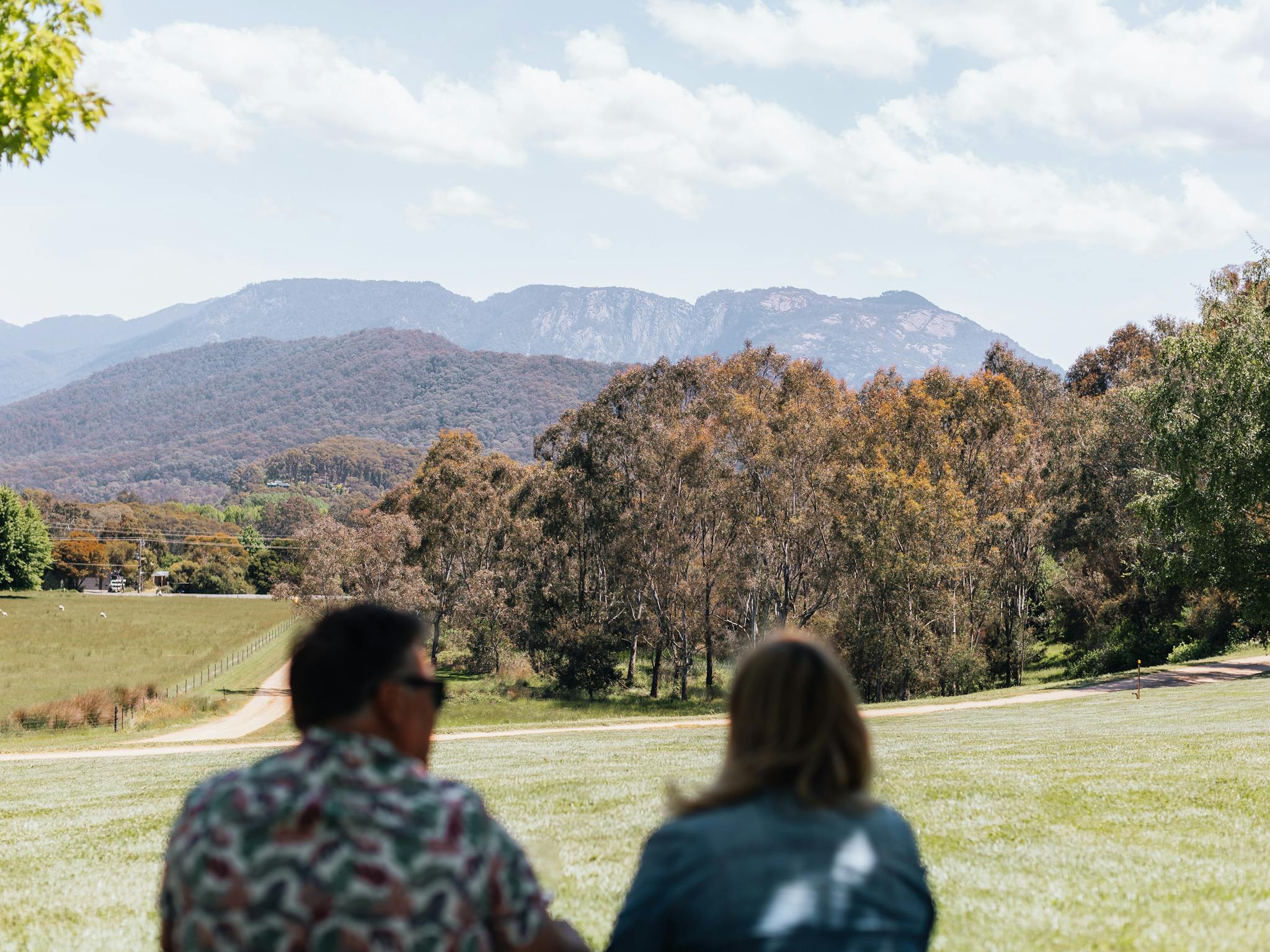 Couple looking at grass, trees and mountains at Ringer Reef winery