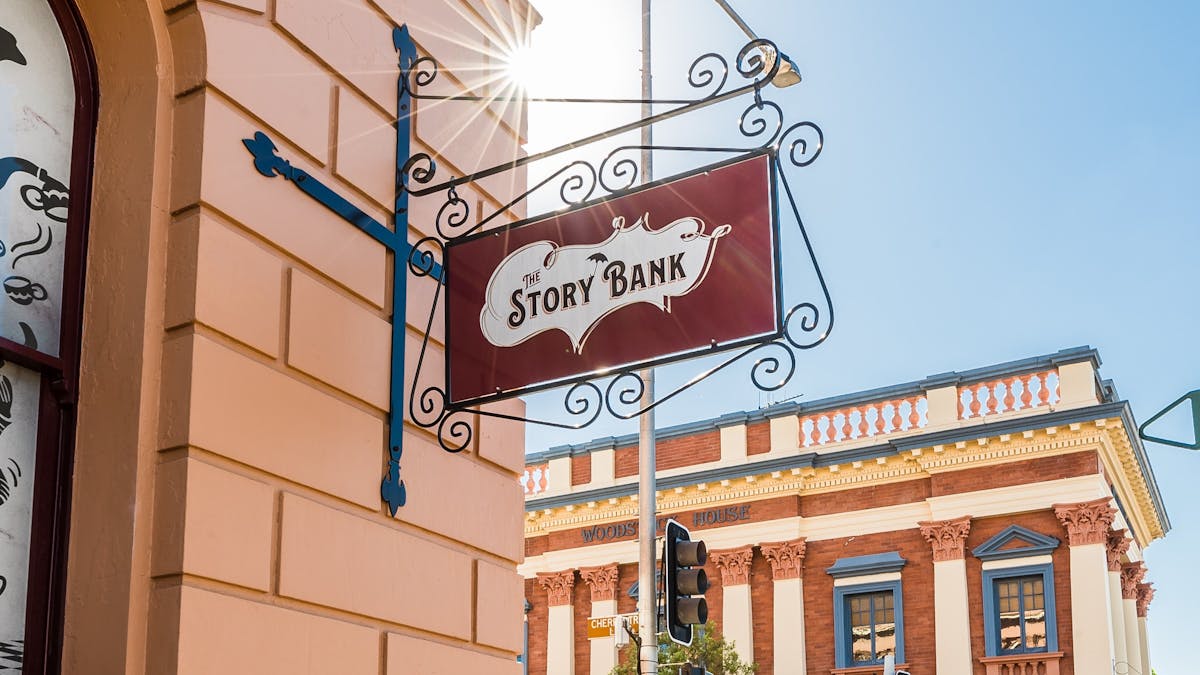 Exterior signage for The Story Bank