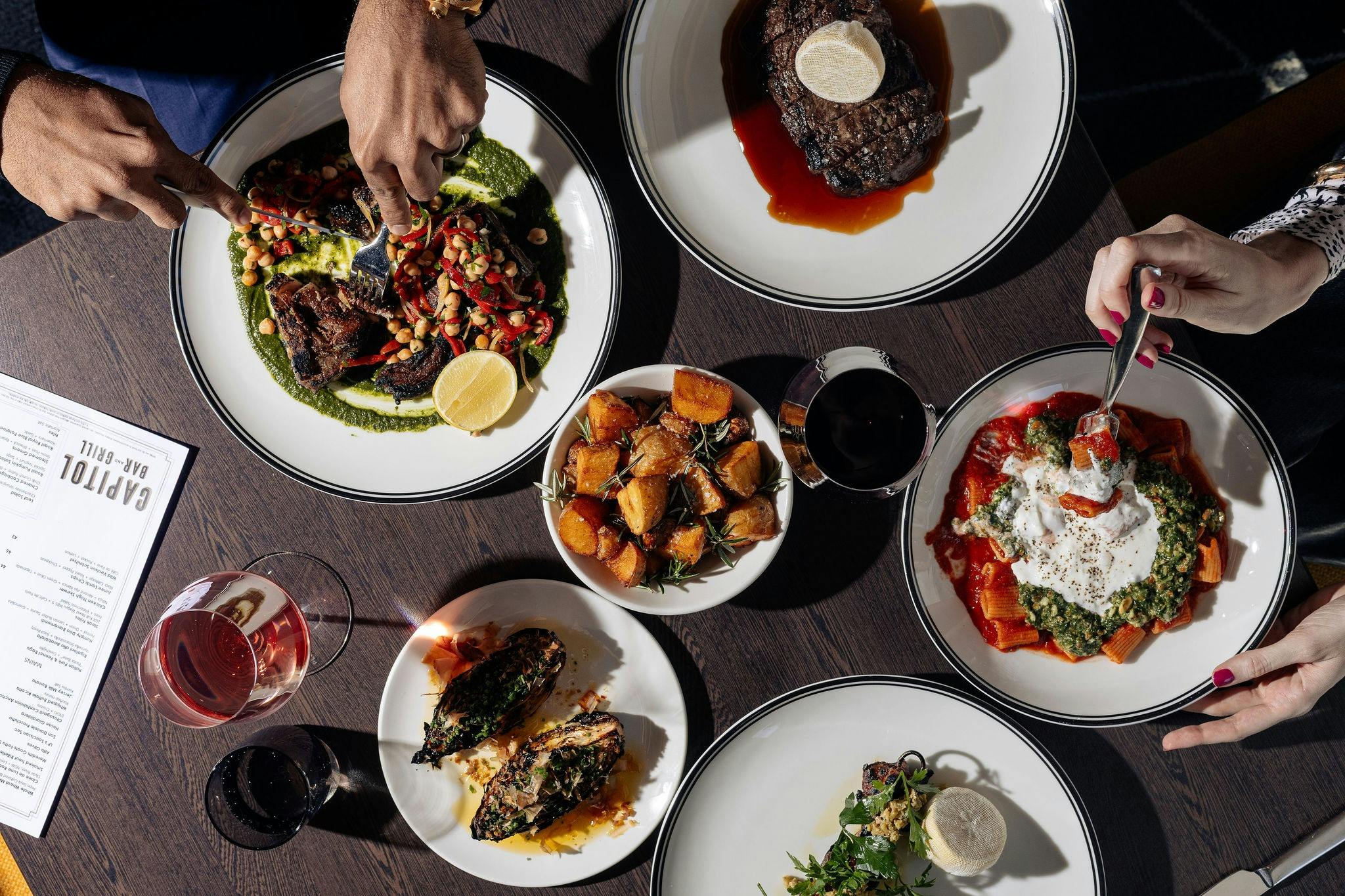 Pasta, steak, wine