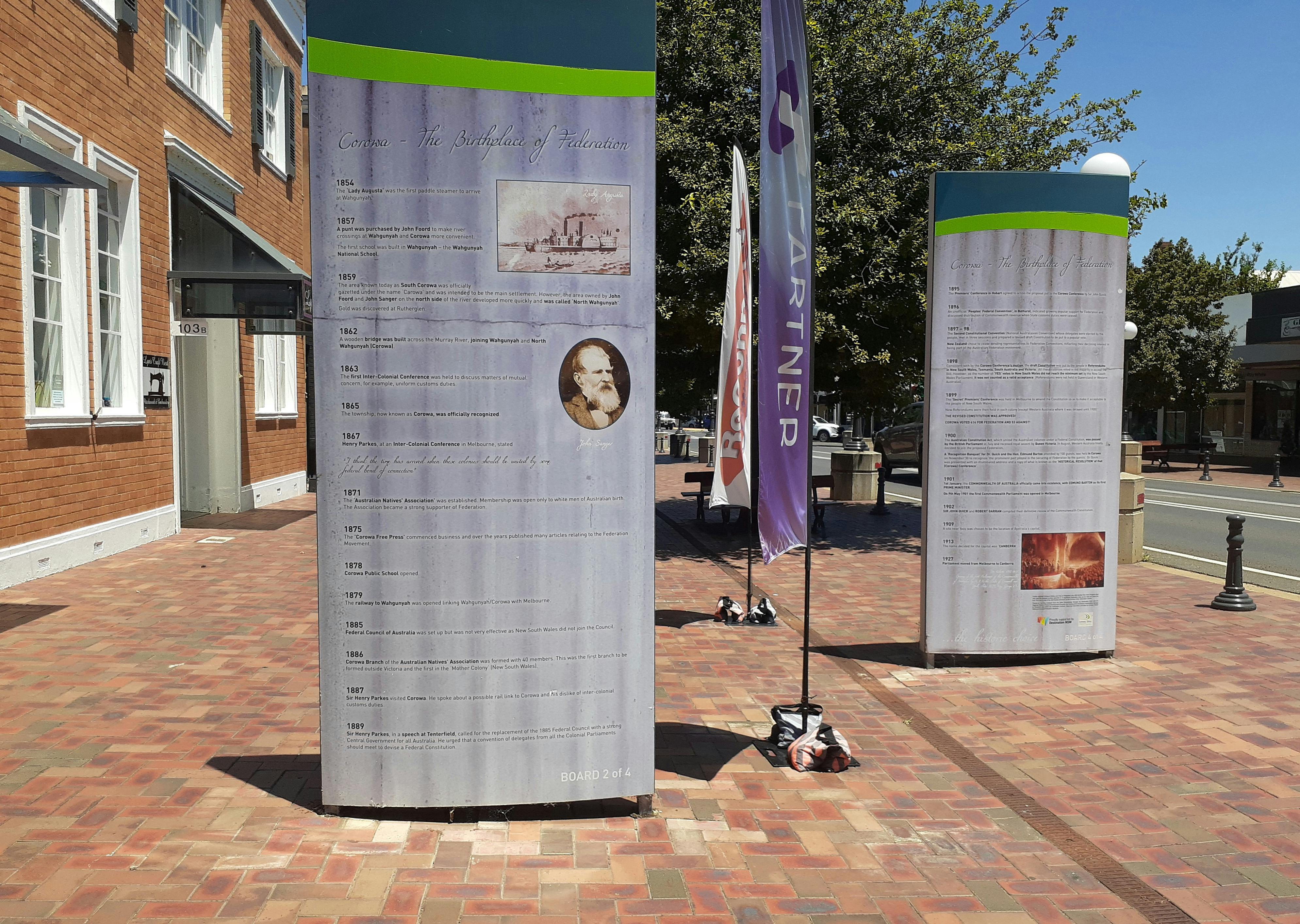 One side of the two standing boards that make up the Federation Timeline in Sanger Street,